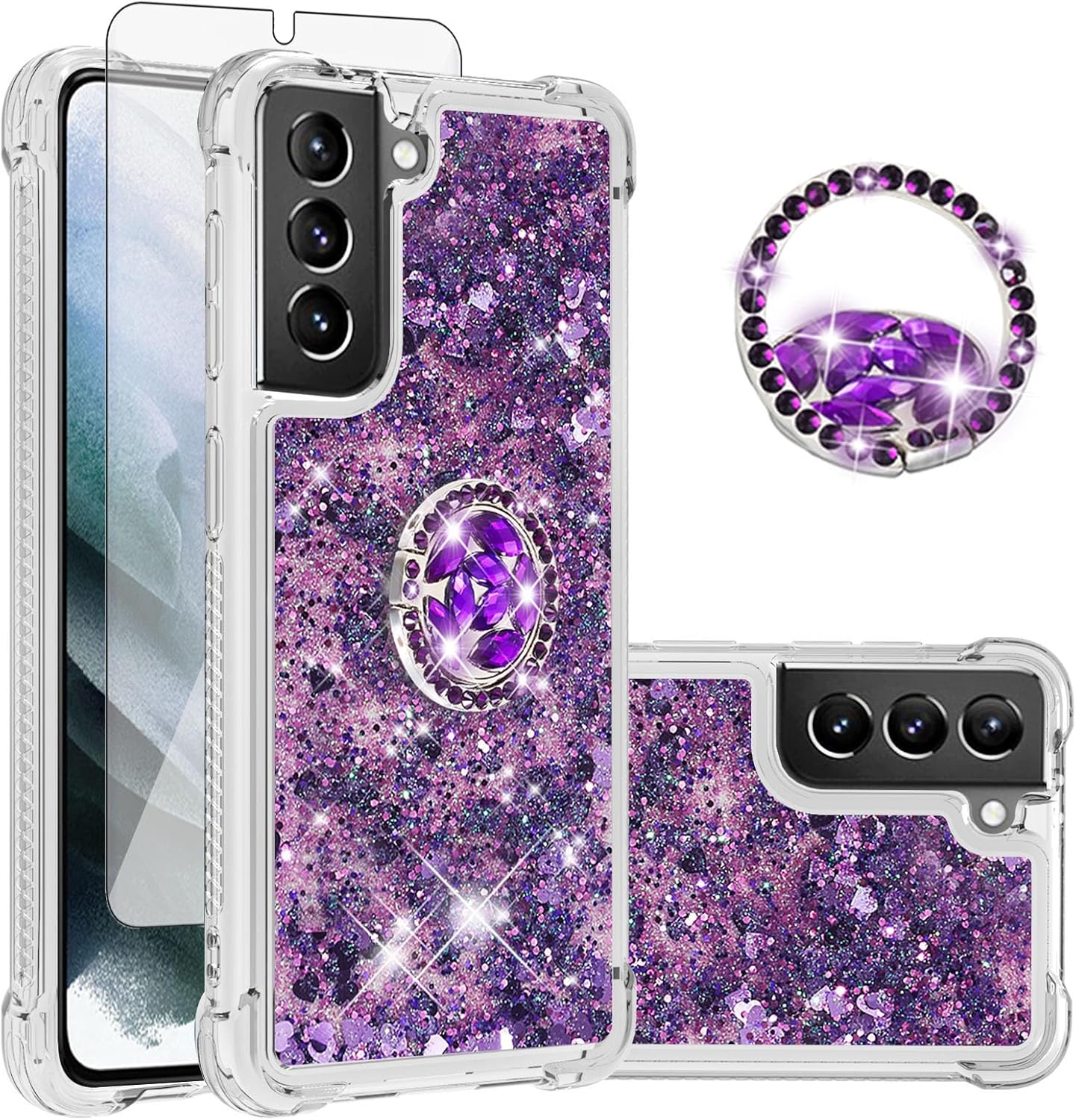 Asuwish Funda de teléfono para Samsung Galaxy S21 5G de 6.2 pulgadas con protector de pantalla y soporte para anillo con purpurina líquida brillante
