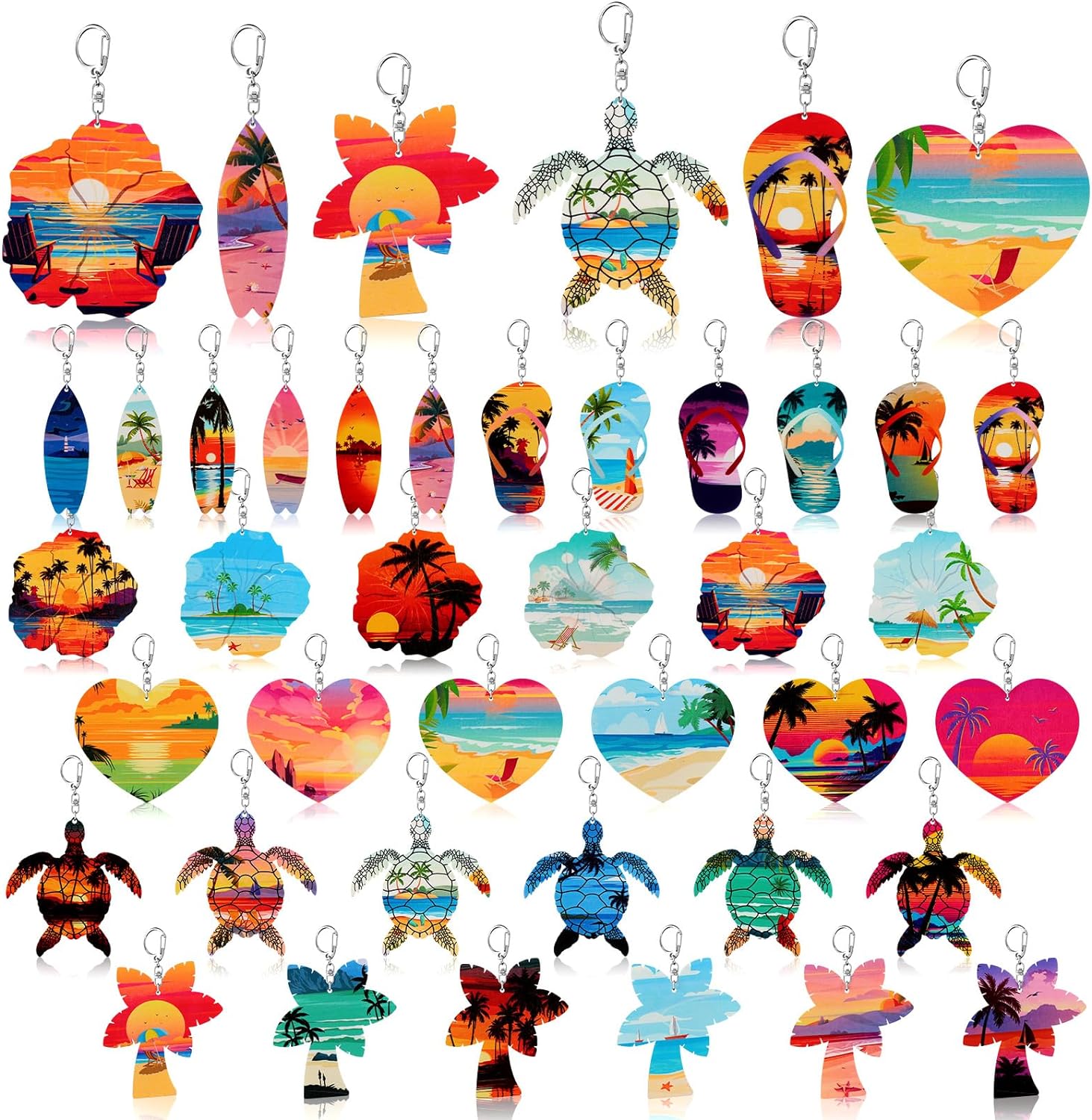Bucherry Juego de 36 llaveros para regalos de playa, juego de regalo de madera a granel para tabla de surf, tortuga marina, cocotero, llaveros de la