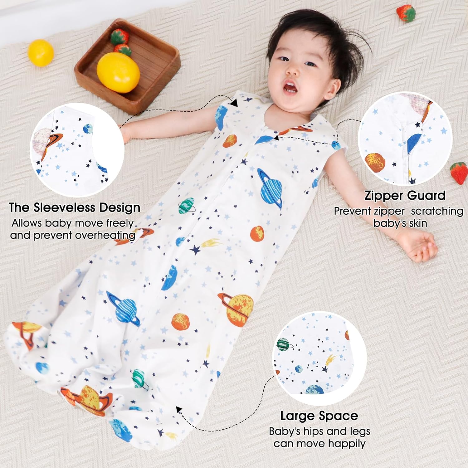 PHF Saco de dormir para bebé de 12 a 18 meses, paquete de 3 mantas 100% algodón para bebé, cremallera de 2 vías 0.5 TOG, saco de dormir cómodo para