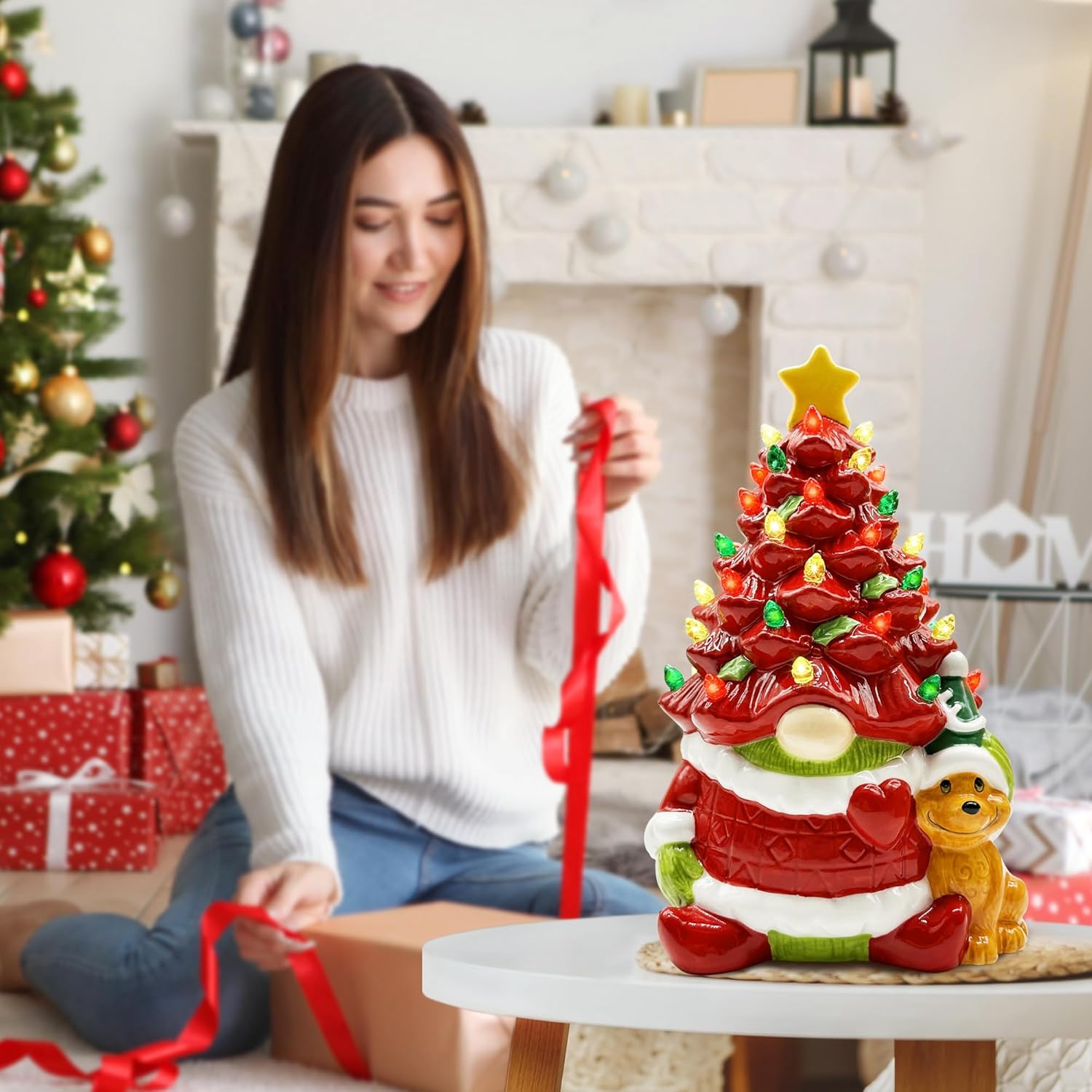 pinata Decoración navideña de gnomo de cerámica, gnomo rojo para mujeres, hombres y niños, árbol de Navidad de cerámica iluminado, decoración de