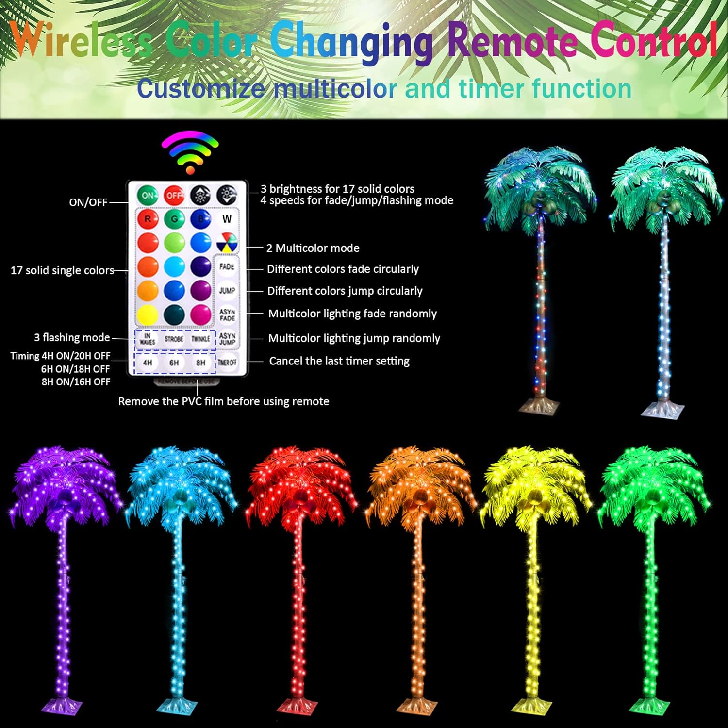 Palmera con luz LED para exteriores, árbol de Navidad que cambia de color, luces de palmera artificial con control remoto, árbol de coco tropical de