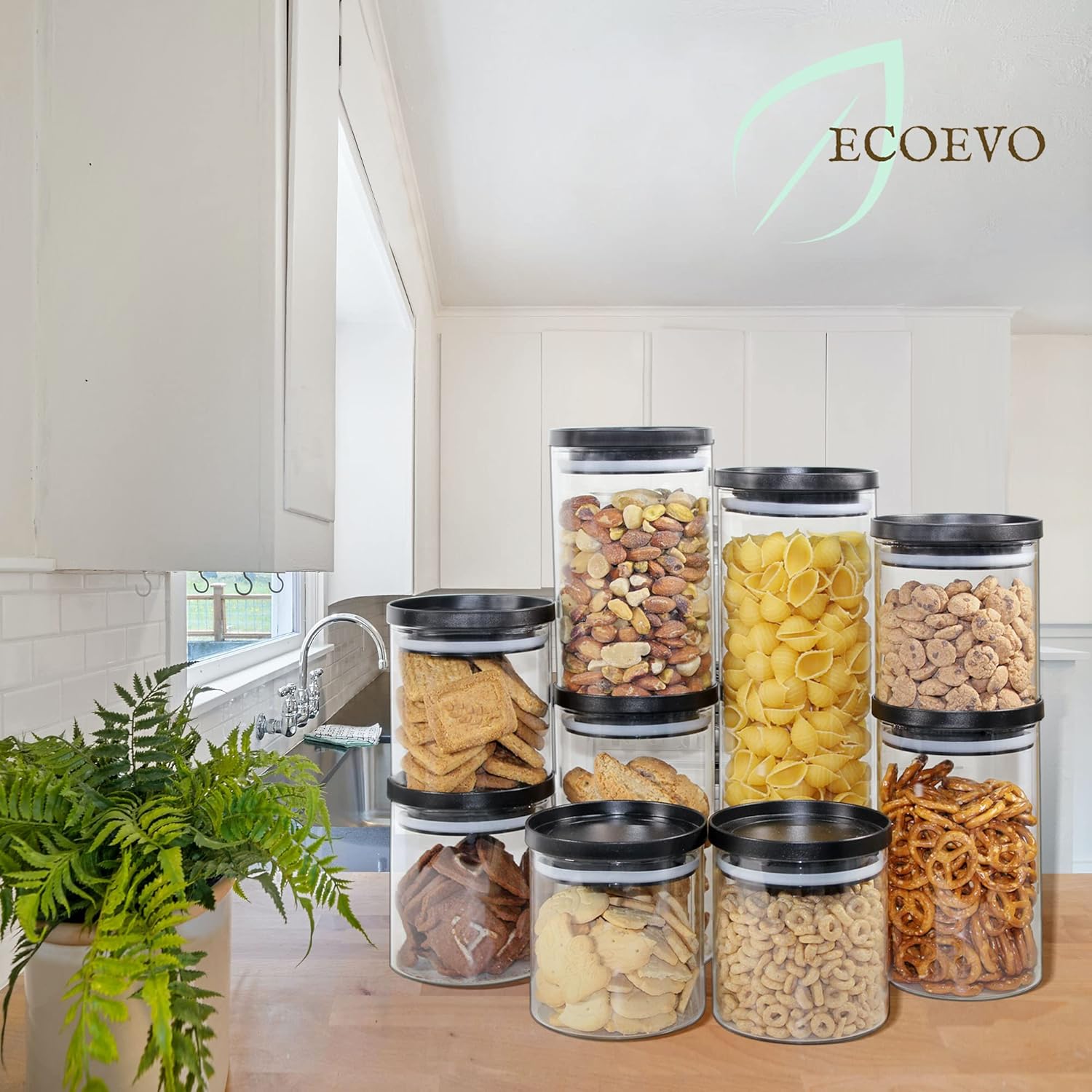 Tarros de vidrio con tapas negras, recipientes de almacenamiento de alimentos con tapas apilables, juegos de tarros de alimentos y recipientes,