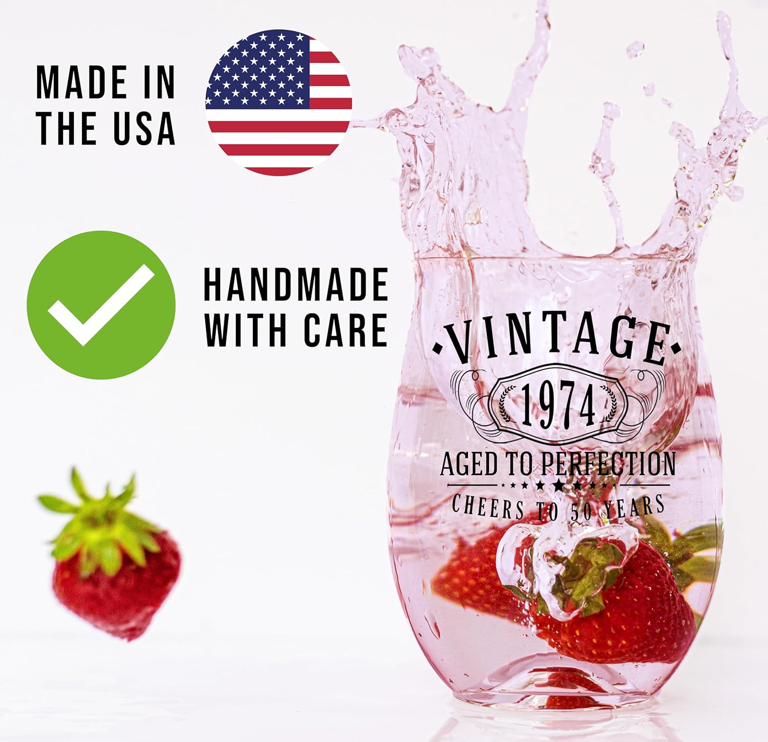 Copa de vino sin tallo vintage de 1974 con estampado negro de 17 onzas, regalo de feliz cumpleaños 50 para mujeres y hombres, saludos a 50 años,