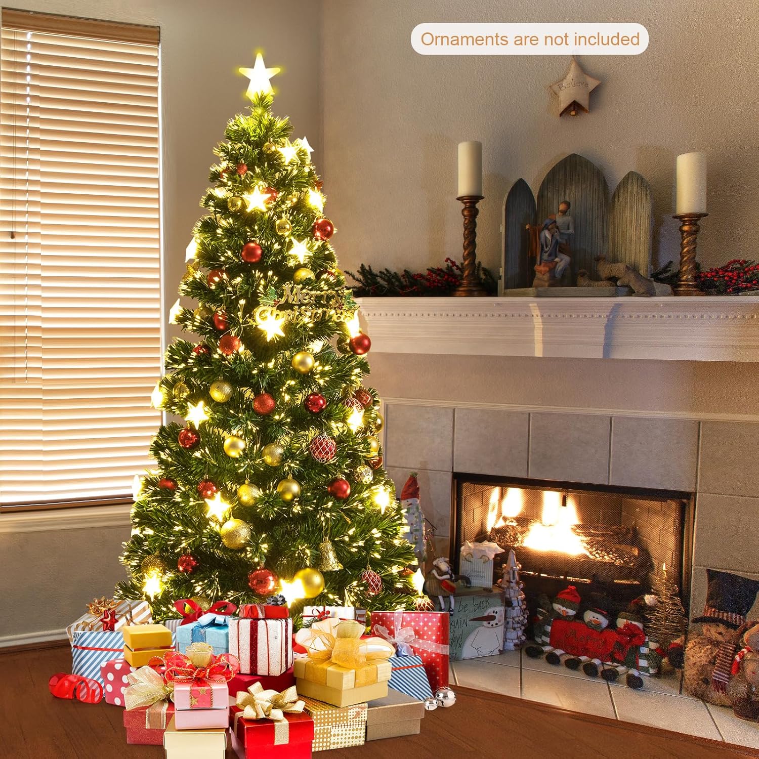 HAPPYGRILL Árbol de Navidad preiluminado de 6 pies, árbol de Navidad artificial con 230 puntas de rama, 30 luces de estrella blancas cálidas, fibra