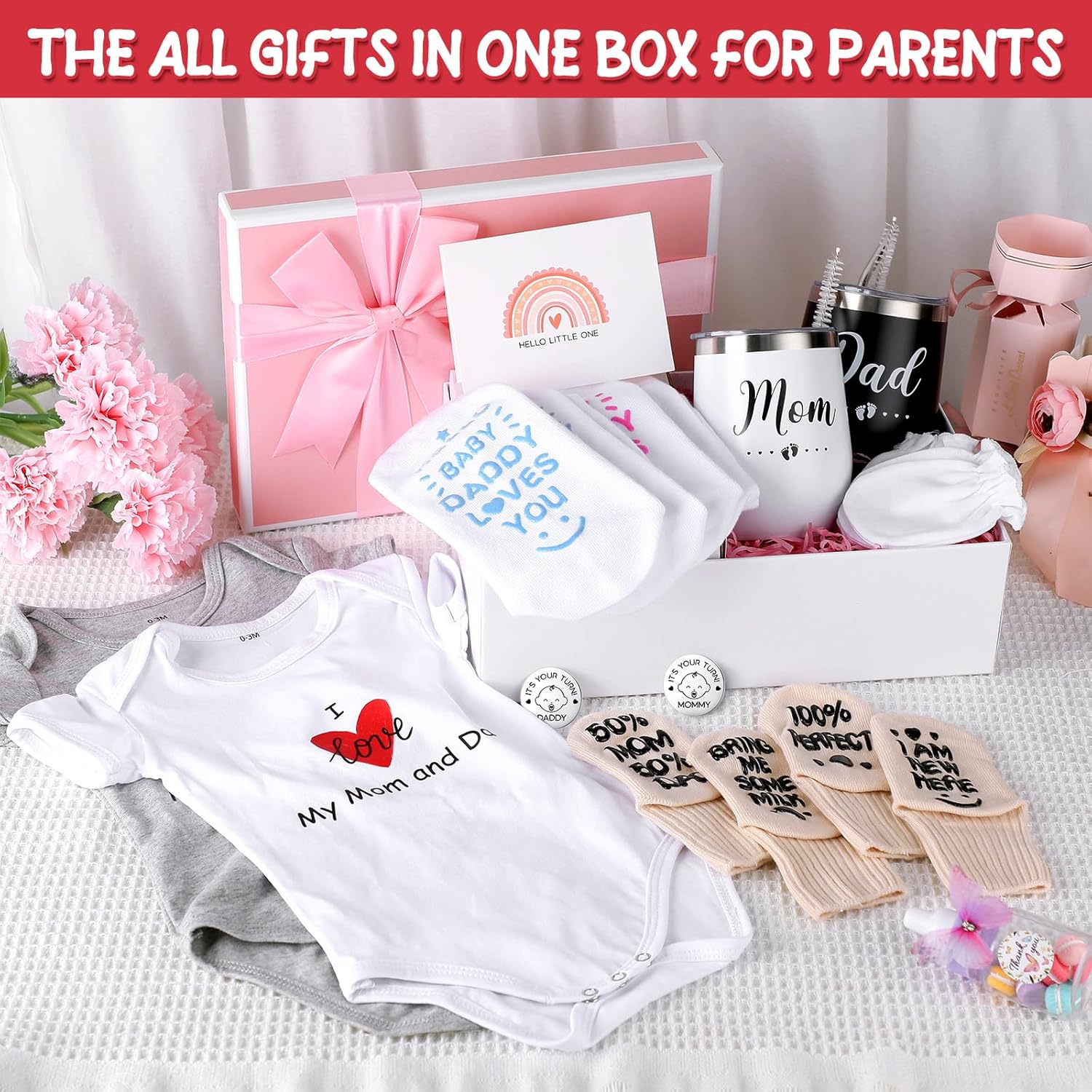 12 unidades de cesta de regalo para nuevos padres, regalos para mamá y papá, vasos 2024, mono, calcetines para bebé, moneda de decisión para baby
