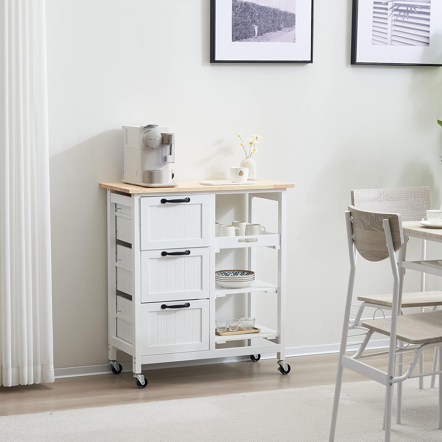 Carrito de isla de cocina blanco con almacenamiento, isla de cocina rodante, pequeña mesa de isla de cocina, carrito de café con ruedas, carrito de