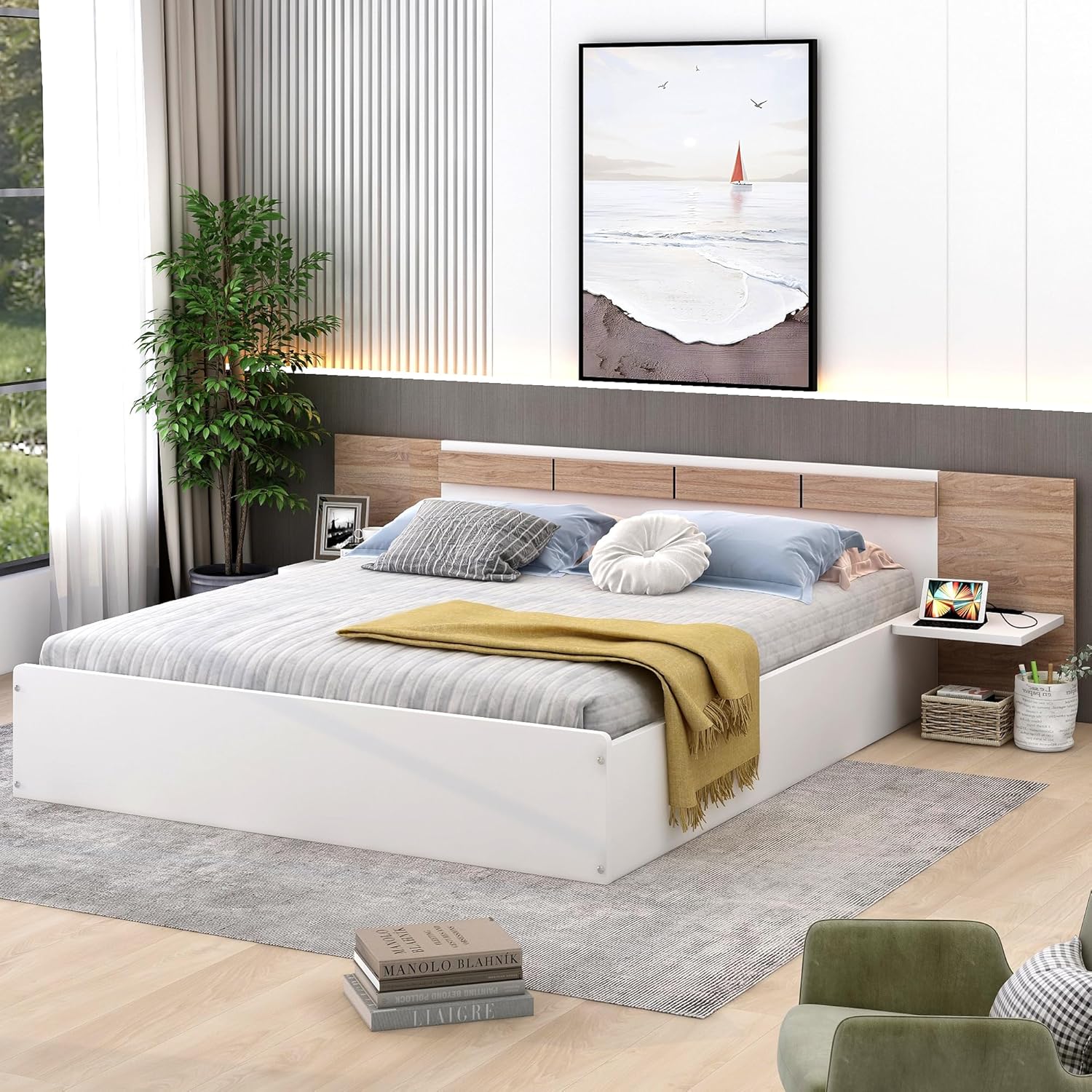 Cama de plataforma tamaño Queen con cabecero, estantes de almacenamiento, puertos USB y enchufes, marco de cama Queen de madera, no necesita somier