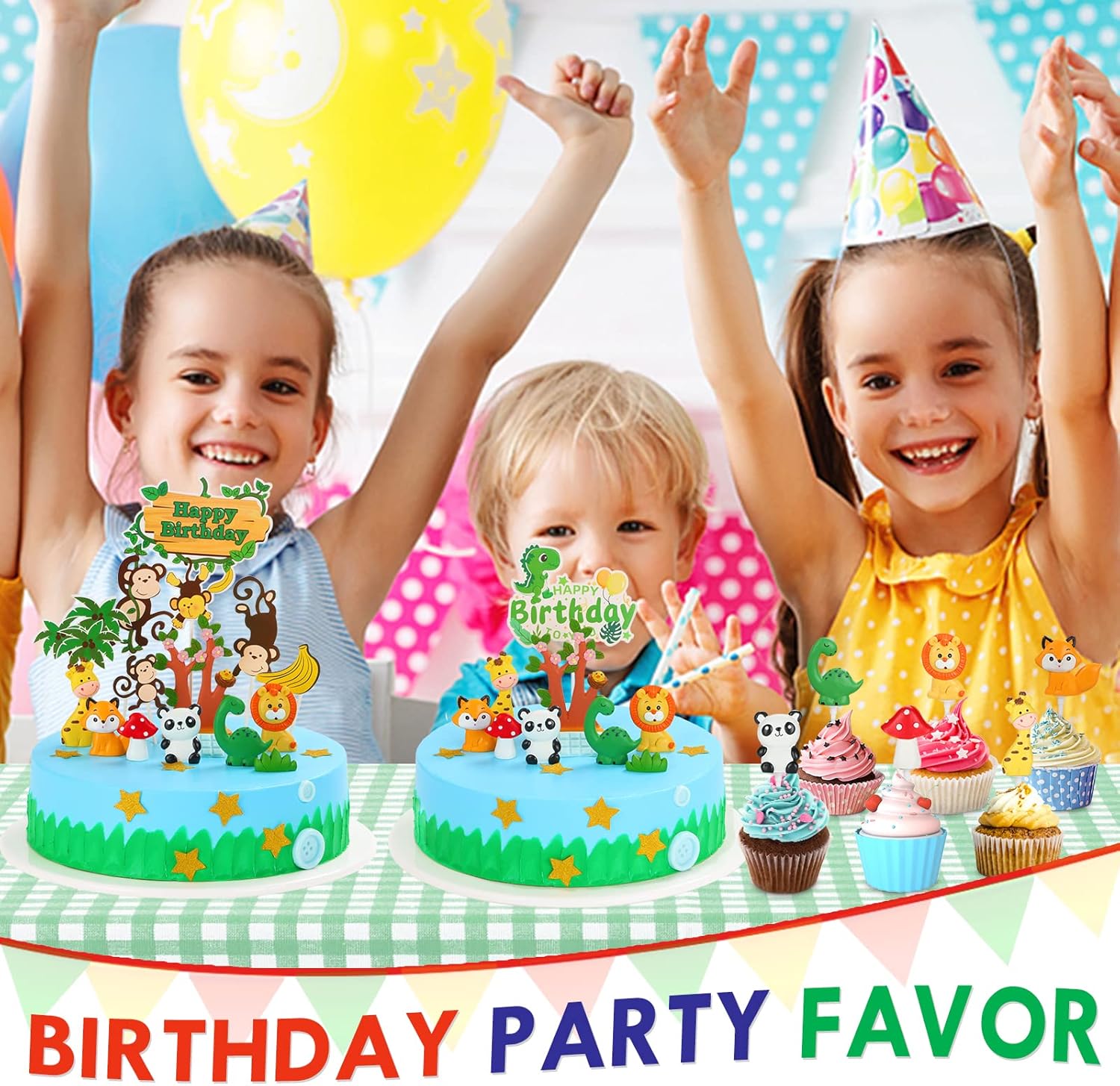 Decoración para tartas con temática de selva para niños, diseño de dinosaurio, elefante, animales, safari, feliz cumpleaños, temática de selva (tema