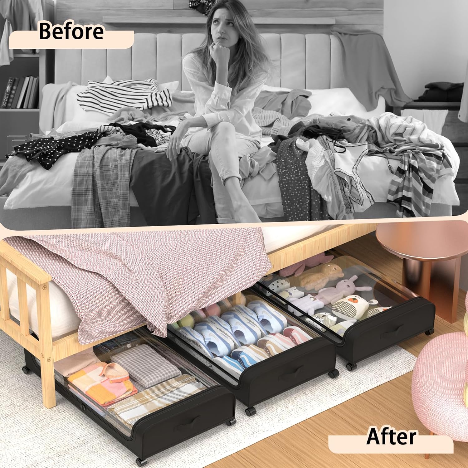Cajón de almacenamiento debajo de la cama con ruedas y tapa, organizador grande de almacenamiento de zapatos debajo de la cama de 48 litros,