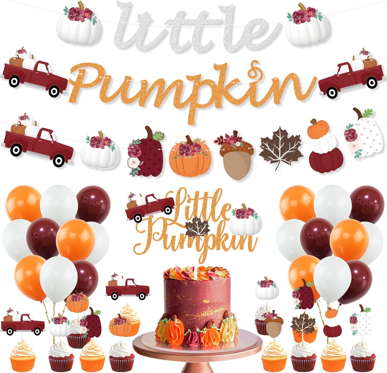 K KUMEED Decoraciones de fiesta de calabaza pequeña, pancarta de calabaza roja y blanca, hojas de otoño, calabaza, camión, decoración de pastel,