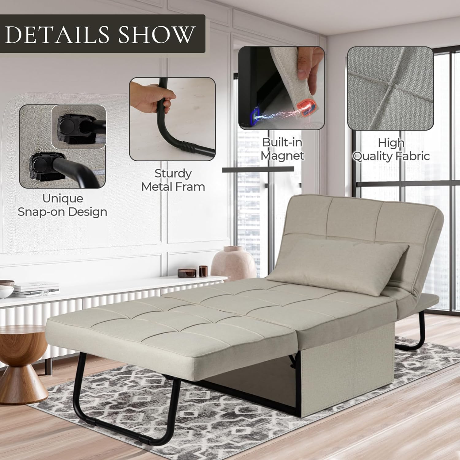 Sofá cama convertible, cama otomana plegable multifunción 4 en 1 con respaldo ajustable, moderna silla extraíble para sala de estar, apartamento,