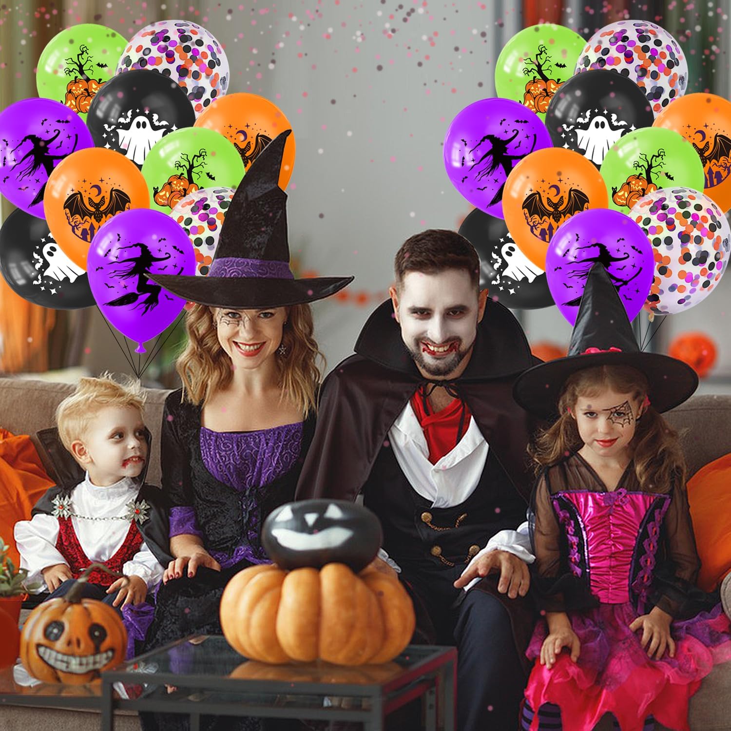 KORHONEN Globos de Halloween, 60 globos de látex de confeti de 12 pulgadas, color morado, naranja, verde, negro, confeti, para suministros de fiesta