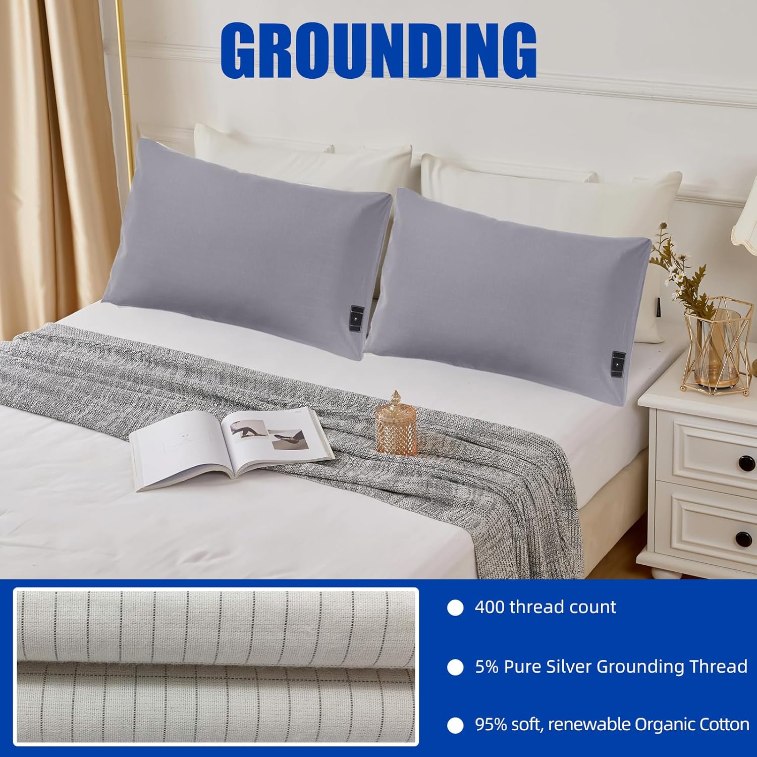 2 fundas de almohada de 20 x 30 pulgadas con cable de conexión a tierra, funda de almohada de algodón suave y cómoda, reduce la inflamación, fundas