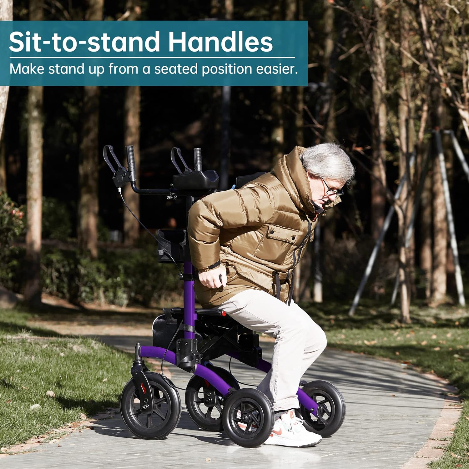 ELENKER Andador vertical todo terreno, andador con asiento, ruedas no neumáticas de 12 pulgadas, diseño plegable compacto para personas mayores,