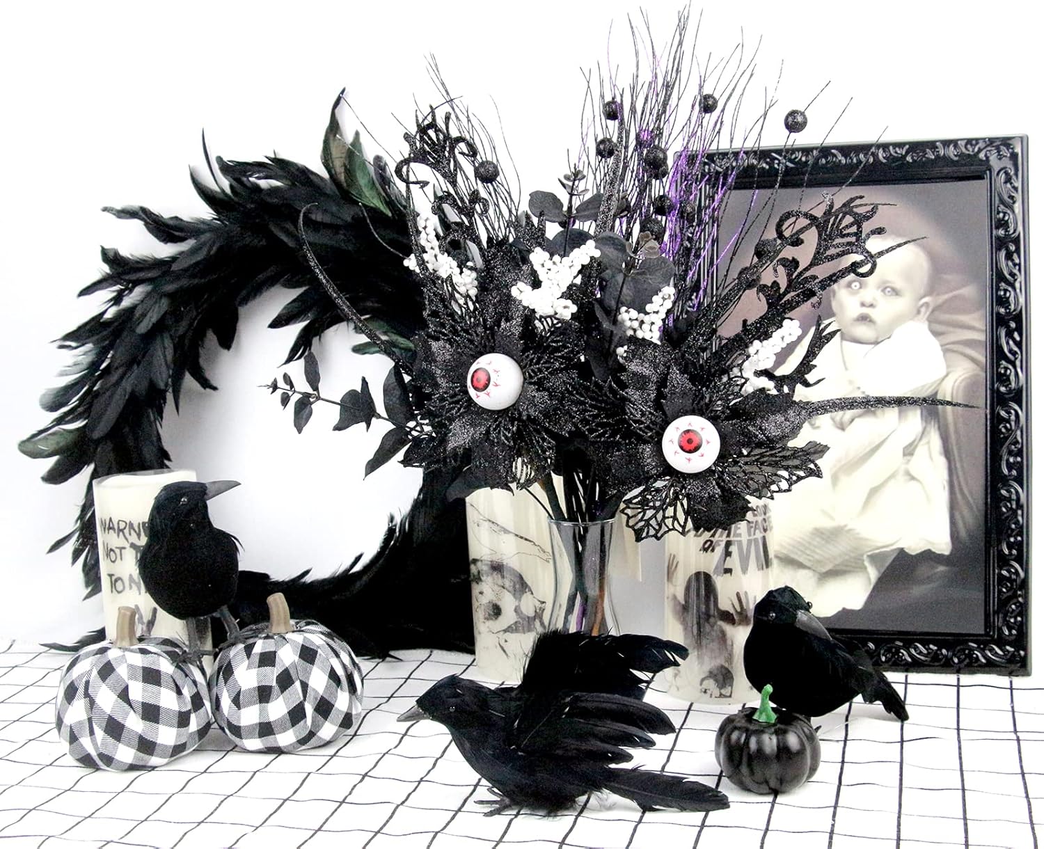 Tinsow 5 piezas de flores negras de Halloween, 16.5 pulgadas con purpurina de ojos del diablo, tallos de ojos artificiales para Halloween,