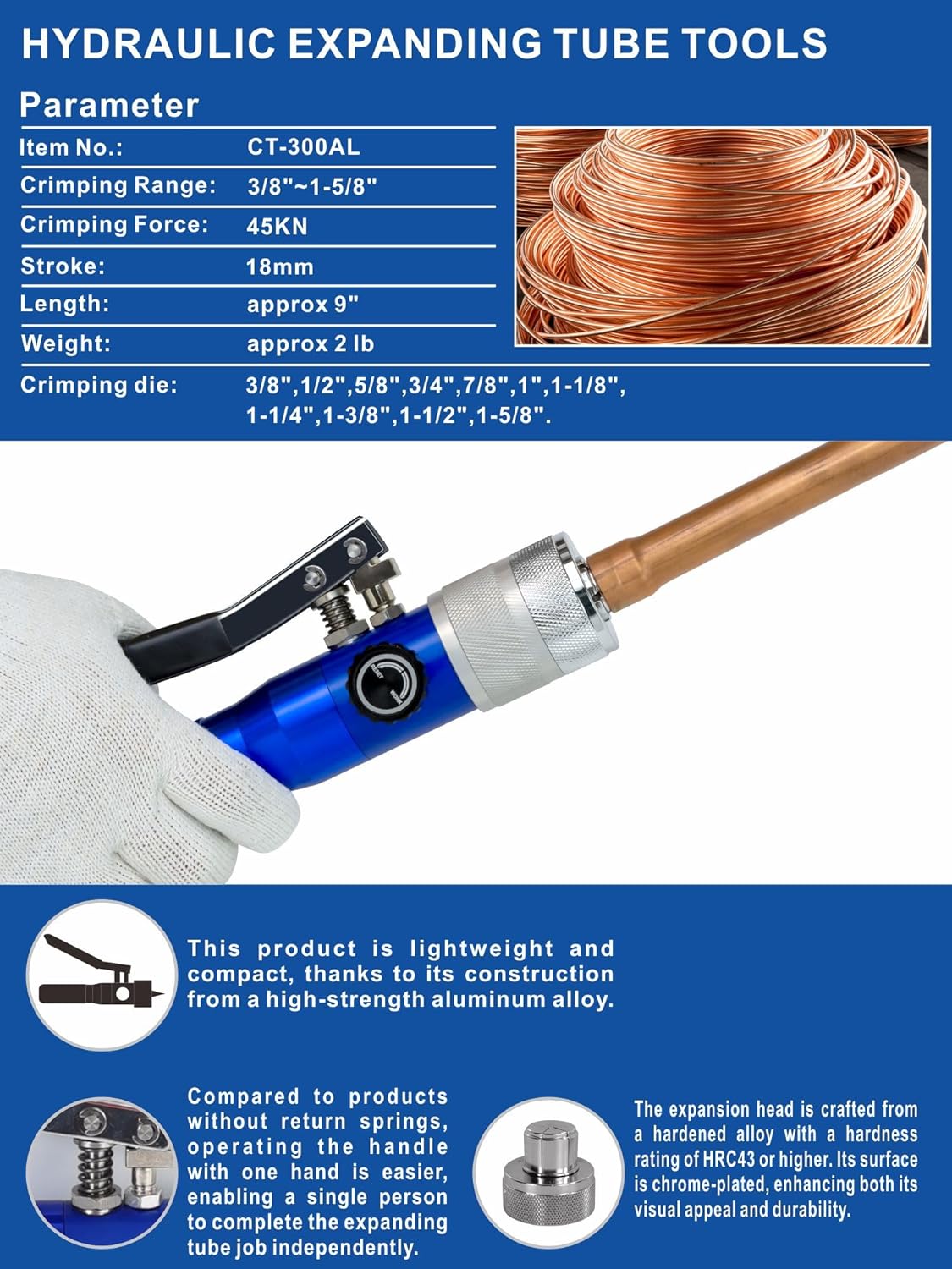 AMZCNC Kit de herramientas de estampación compacto con cortador de tubos, herramienta de desbarbado y 11 cabezales expansores para tubos de cobre de