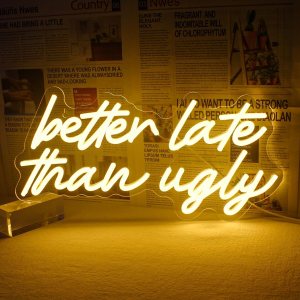 Letrero LED de neón con texto en inglés Better Late Than Fe, letras de neón para decoración de pared, letrero de luz de neón blanco cálido con Letrero LED de neón con texto en inglés Better Late Than Fe, letras de neón para decoración de pared, letrero de luz de neón blanco cálido con