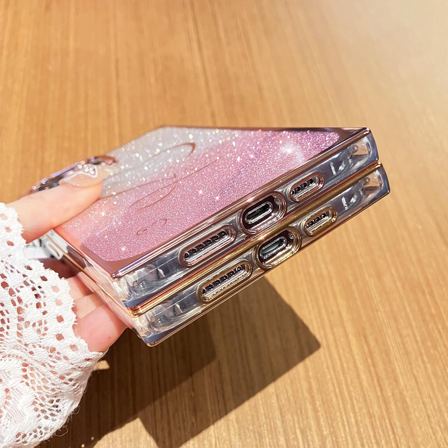 Funda para iPhone 12 Pro Max Gardient con purpurina, cubierta cuadrada brillante con bonito corazón chapado para mujeres y niñas, protección de