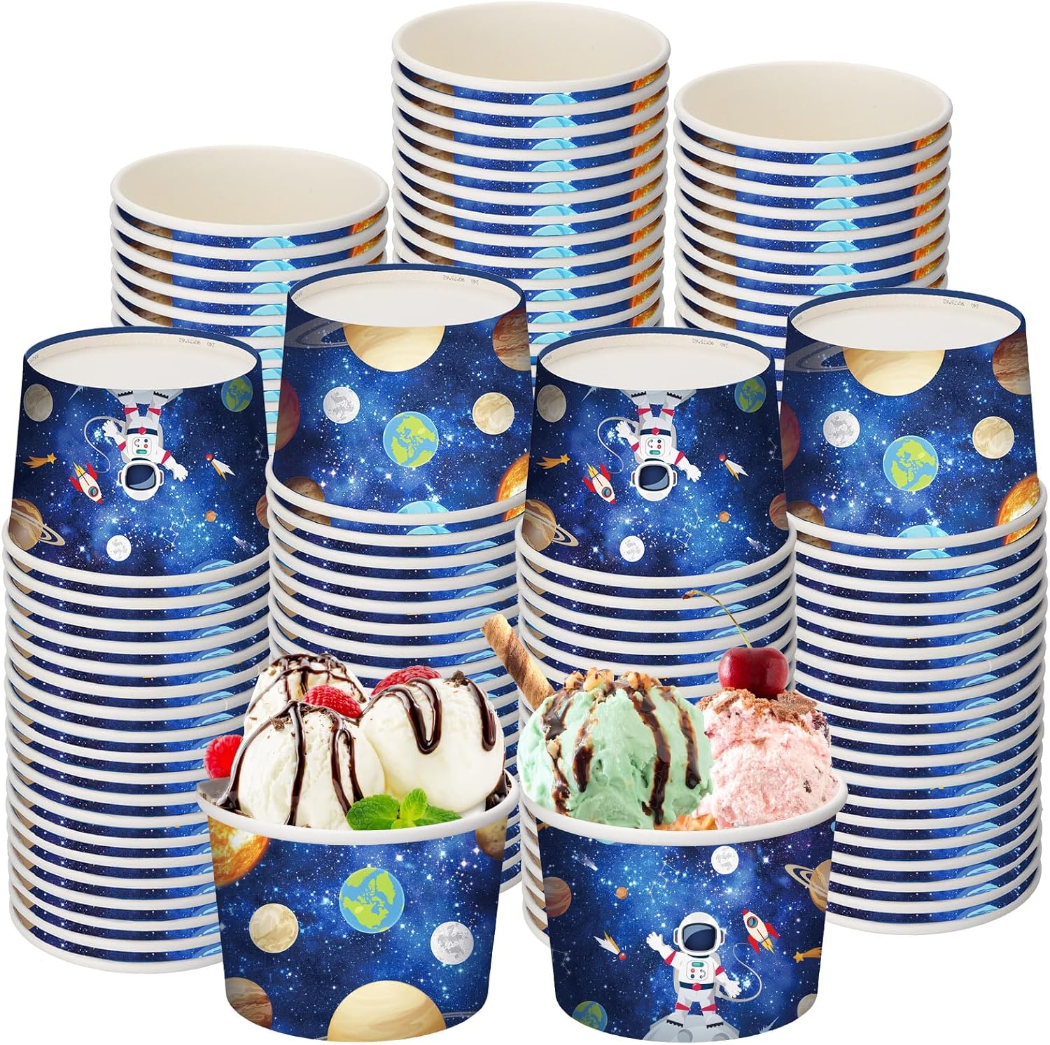 Nuanchu 100 piezas de suministros para fiestas espaciales, tazas de helado de galaxia, bloques de construcción, para aperitivos, suministros para