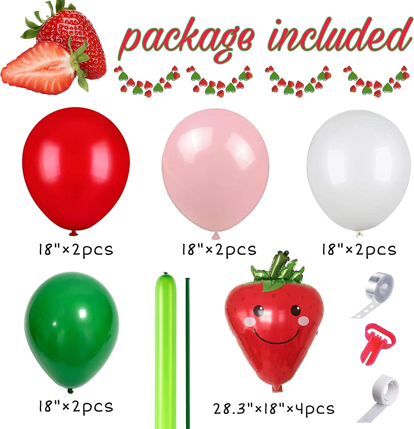 QICIG – Juego de guirnalda de globos de decoración de fiesta de fresa, suministros de fiesta de cumpleaños para niñas, globo de látex de aluminio