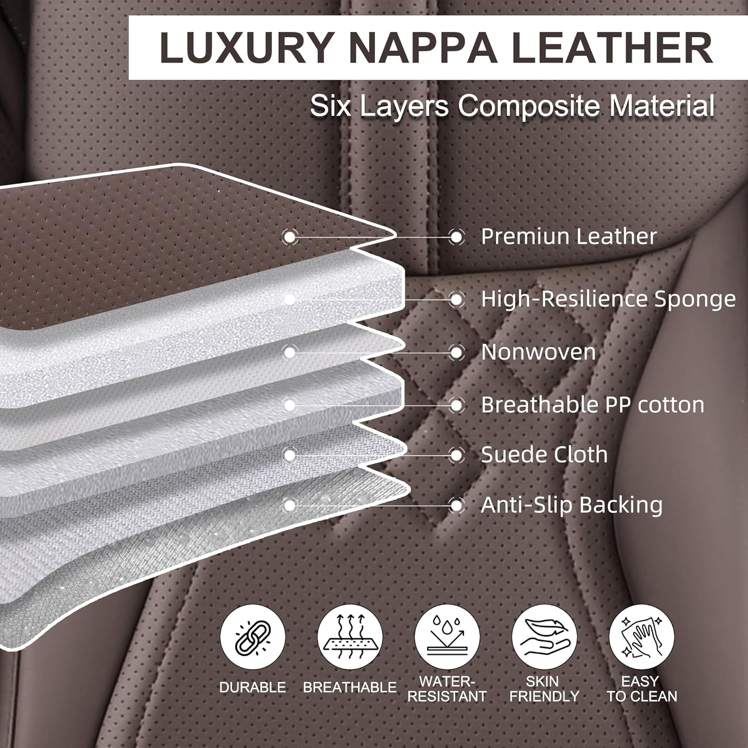 Juego completo de fundas de asiento de coche marrones, fundas de asiento delantero y trasero, 5 piezas, protectores universales de cuero sintético