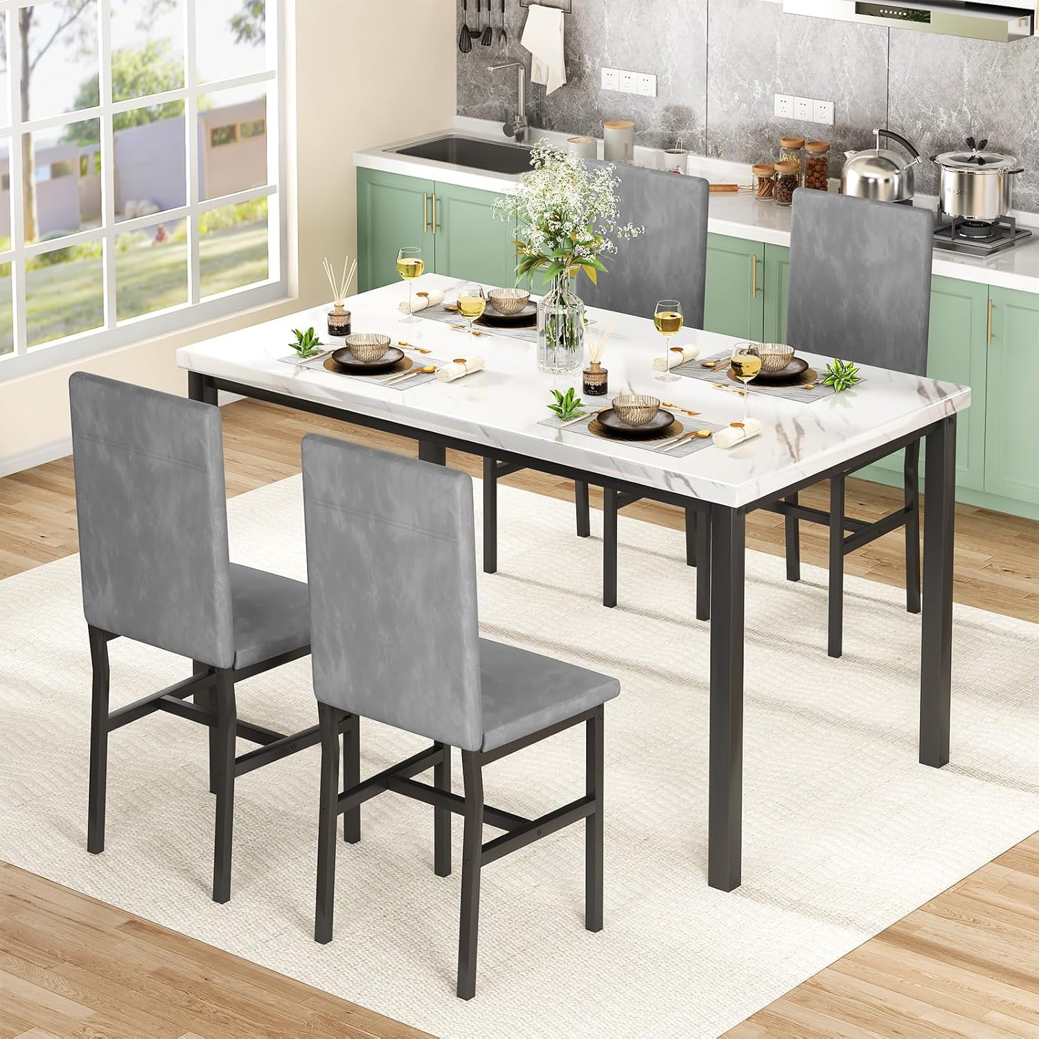 Hooseng Juego de 4 mesas de comedor para 4, juego de 4 mesas y sillas de cocina modernas, juego de mesa de comedor de 5 piezas que ahorran espacio