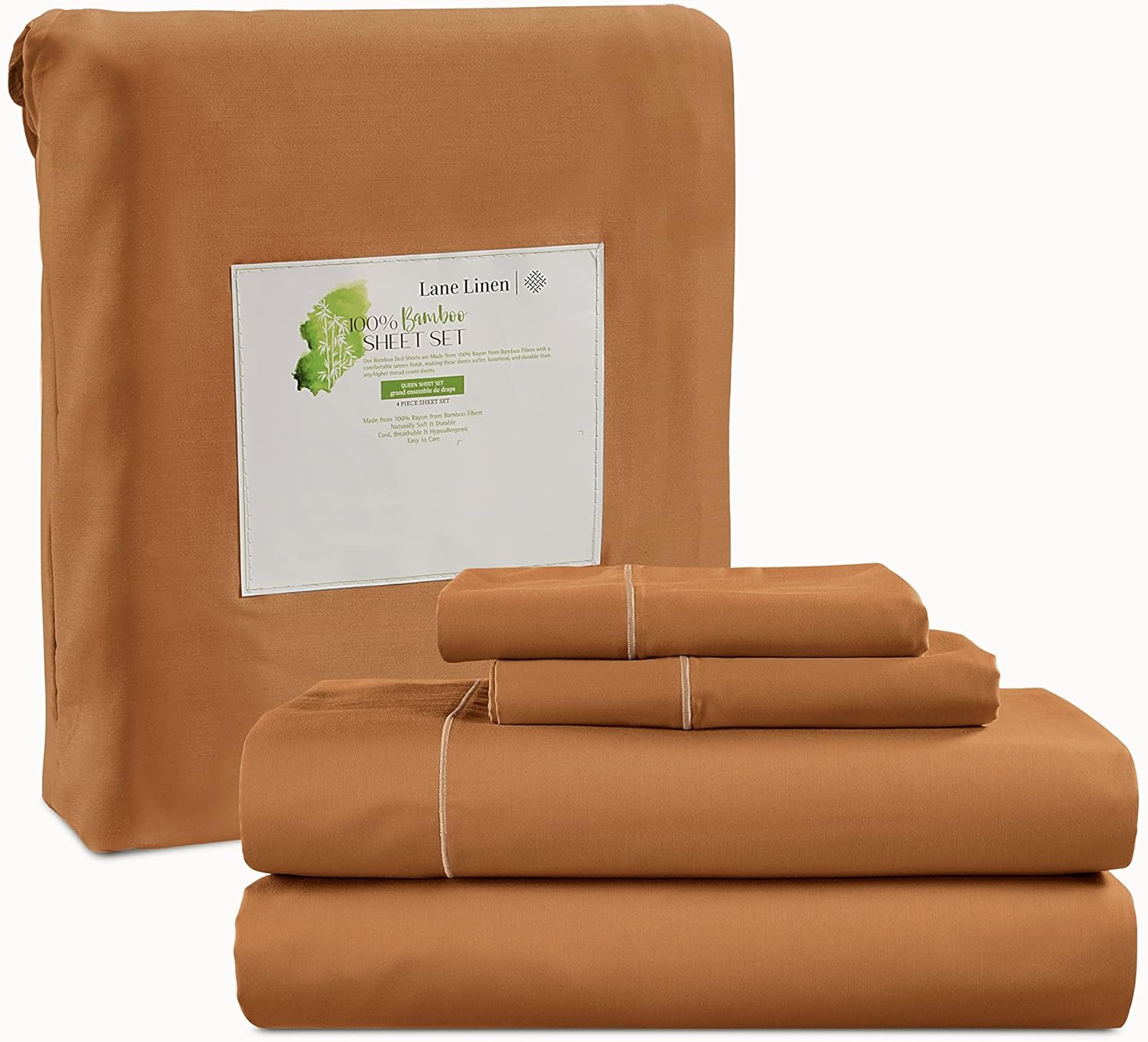LANE LINEN Juego de sábanas de bambú tamaño Queen, 100% rayón de bambú, 4 piezas para cama de tamaño Queen, sábanas refrescantes, suaves y