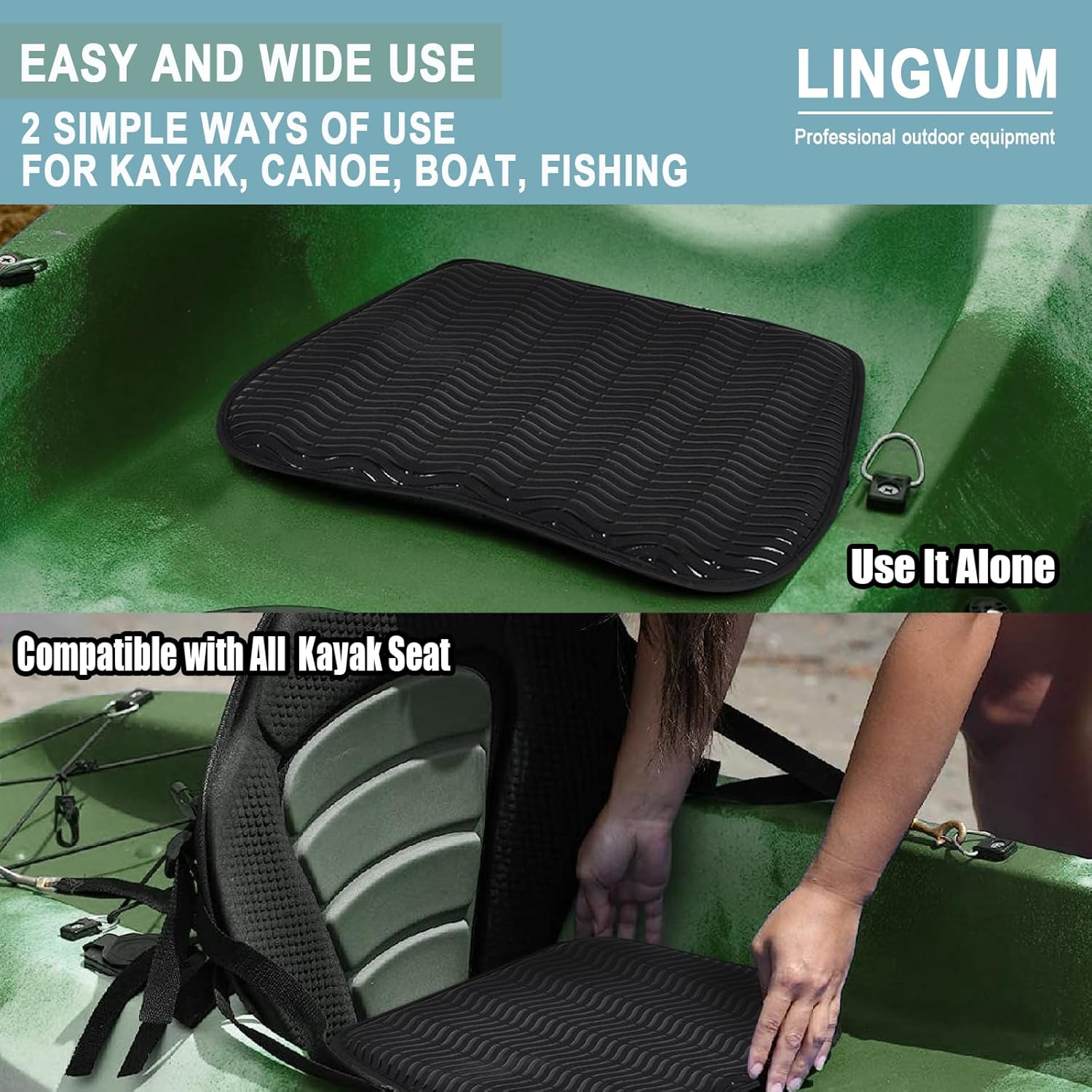 LINGVUM Cojín de asiento de kayak suave e impermeable para sentarse durante mucho tiempo, cómodos accesorios de kayak para kayak, canoa, barco, negro