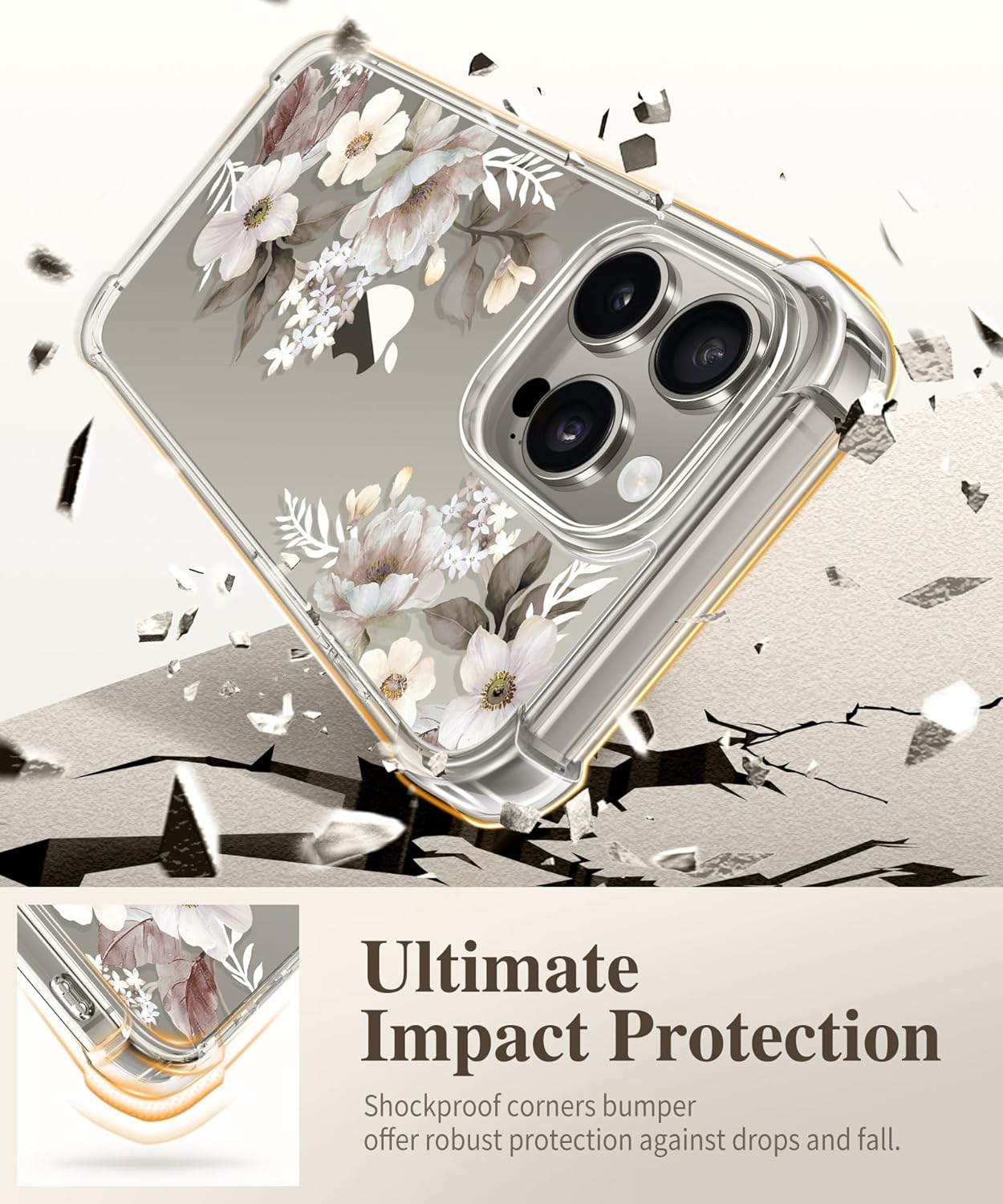 GVIEWIN Funda para iPhone 15 Pro Max floral, con protector de pantalla y protector de lente de cámara, PC duro + TPU parachoques a prueba de golpes,