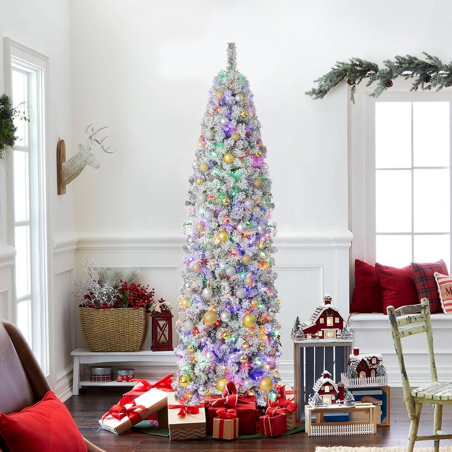 Árbol de Navidad preiluminado de 6 pies, árbol de Navidad delgado artificial con 250 luces LED multicolor y blanco cálido para decoración de Navidad