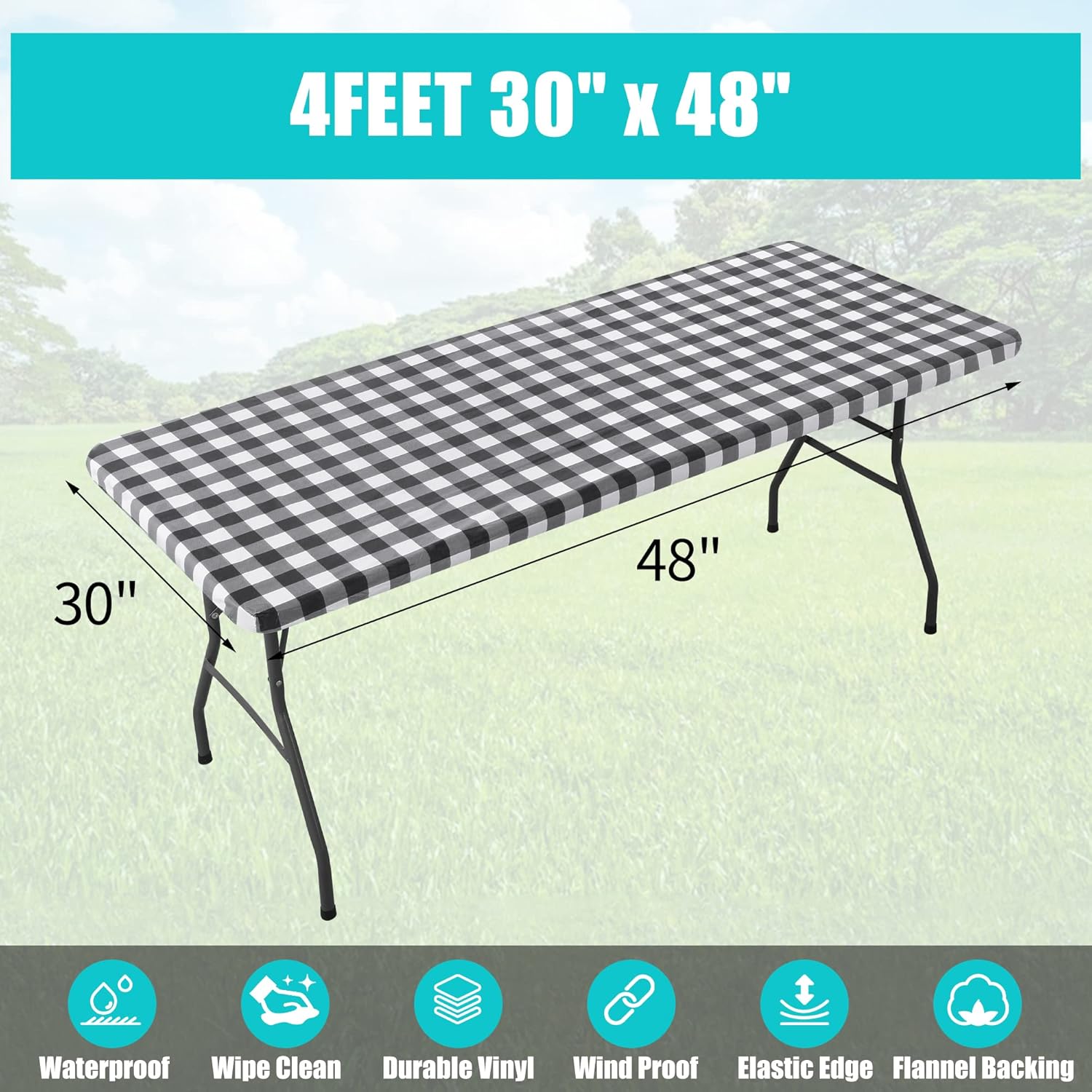 smiry – Mantel de vinilo rectangular para mesa de 4 pies, mantel elástico, ajustado e impermeable, diseño de cuadros, respaldo en franela, para