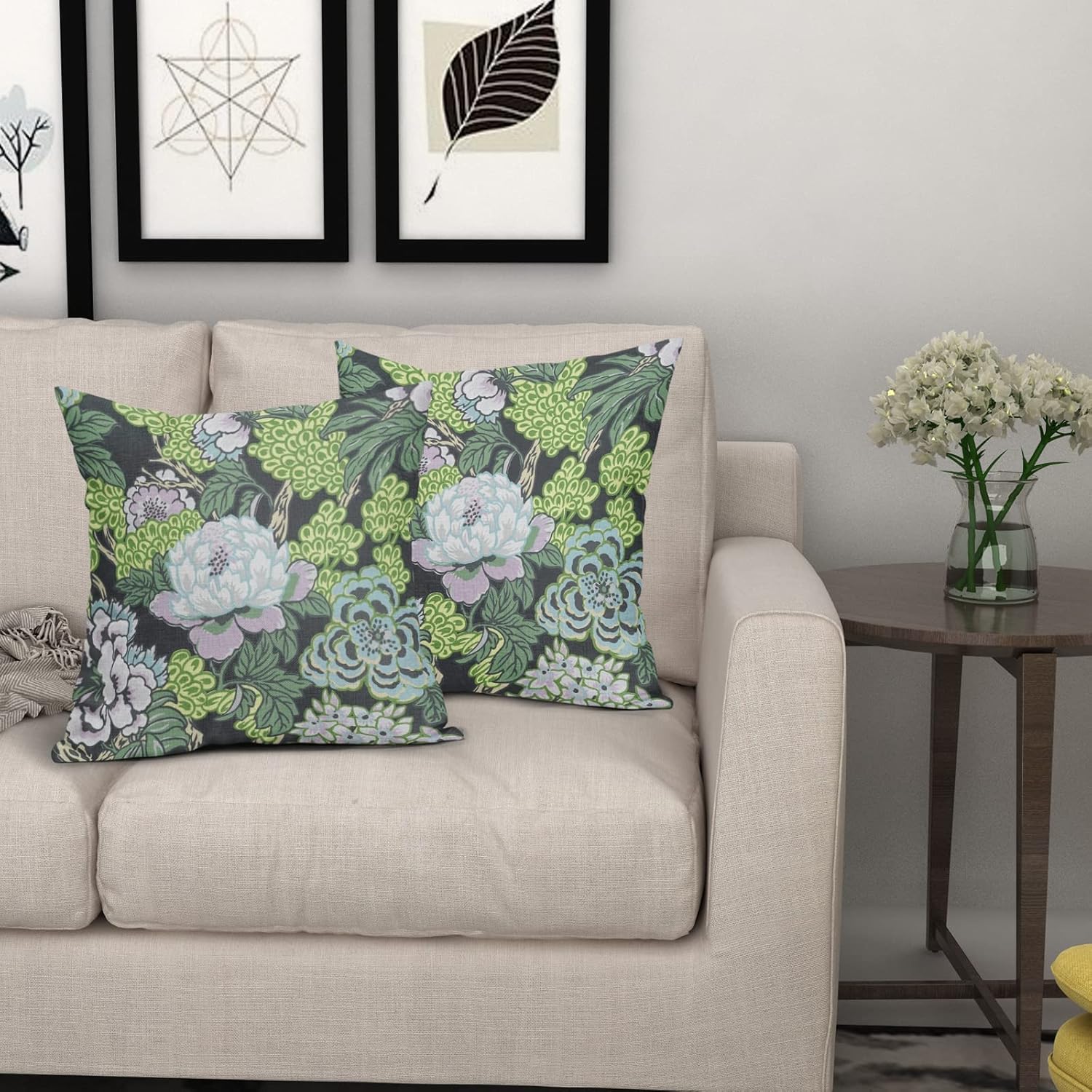 Juego de 2 fundas de almohada florales de color blanco y verde turquesa de 18 x 18 pulgadas, fundas de almohada decorativas de lino para