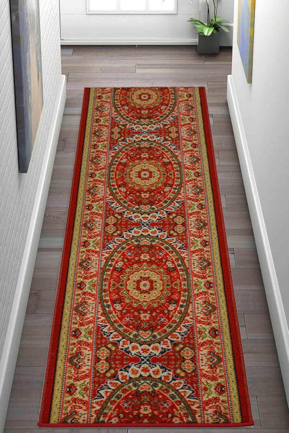 Alfombra de pasillo de tamaño personalizado, diseño de medallón persa oriental rojo, alfombras extralargas para pasillos (36 pulgadas de ancho x