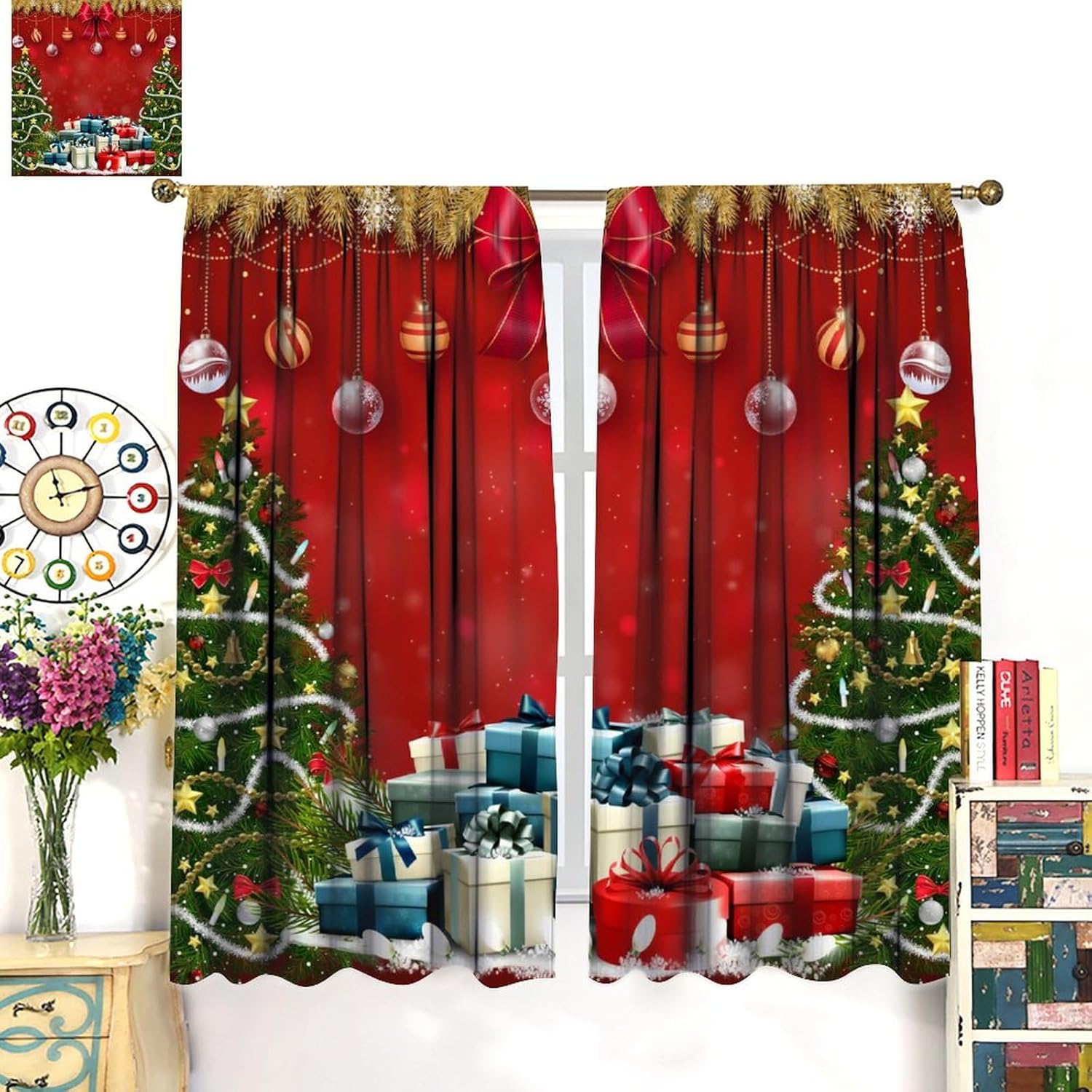 Cortinas de Navidad, árbol de Navidad con regalos coloridos, árbol de Navidad, Graland, bolas de Navidad rojas abstractas, estampado de nieve de