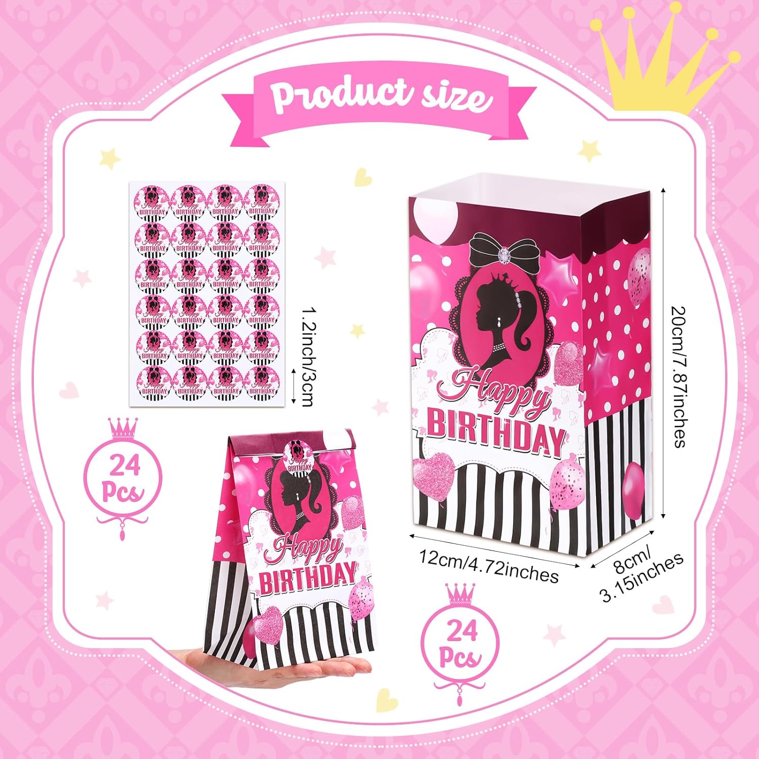 Tatuo 24 bolsas de regalo para fiesta de princesa, color rosa intenso, bolsas de regalo de papel de cumpleaños para niñas, bolsas de dulces para