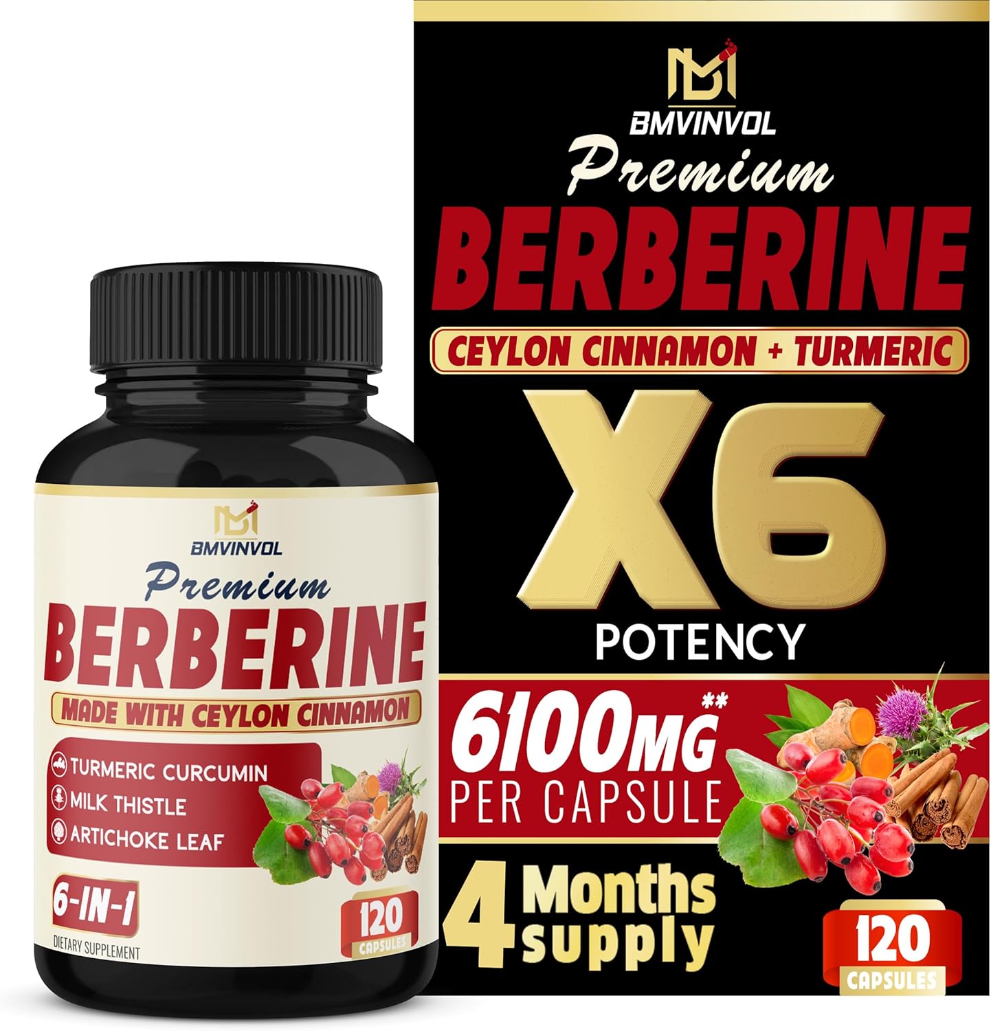 BMVINVOL Berberina HCl 6 en 1 equivalente a 6100 mg – 120 cápsulas – Más canela de Ceilán, cardo mariano, cúrcuma, alcachofa – Suplementos de raíz