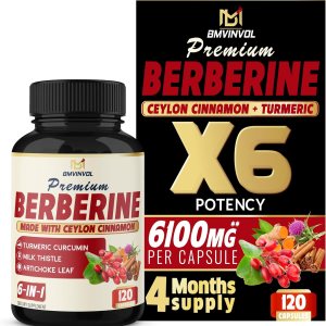 BMVINVOL Berberina HCl 6 en 1 equivalente a 6100 mg – 120 cápsulas – Más canela de Ceilán, cardo mariano, cúrcuma, alcachofa – Suplementos de raíz BMVINVOL Berberina HCl 6 en 1 equivalente a 6100 mg – 120 cápsulas – Más canela de Ceilán, cardo mariano, cúrcuma, alcachofa – Suplementos de raíz