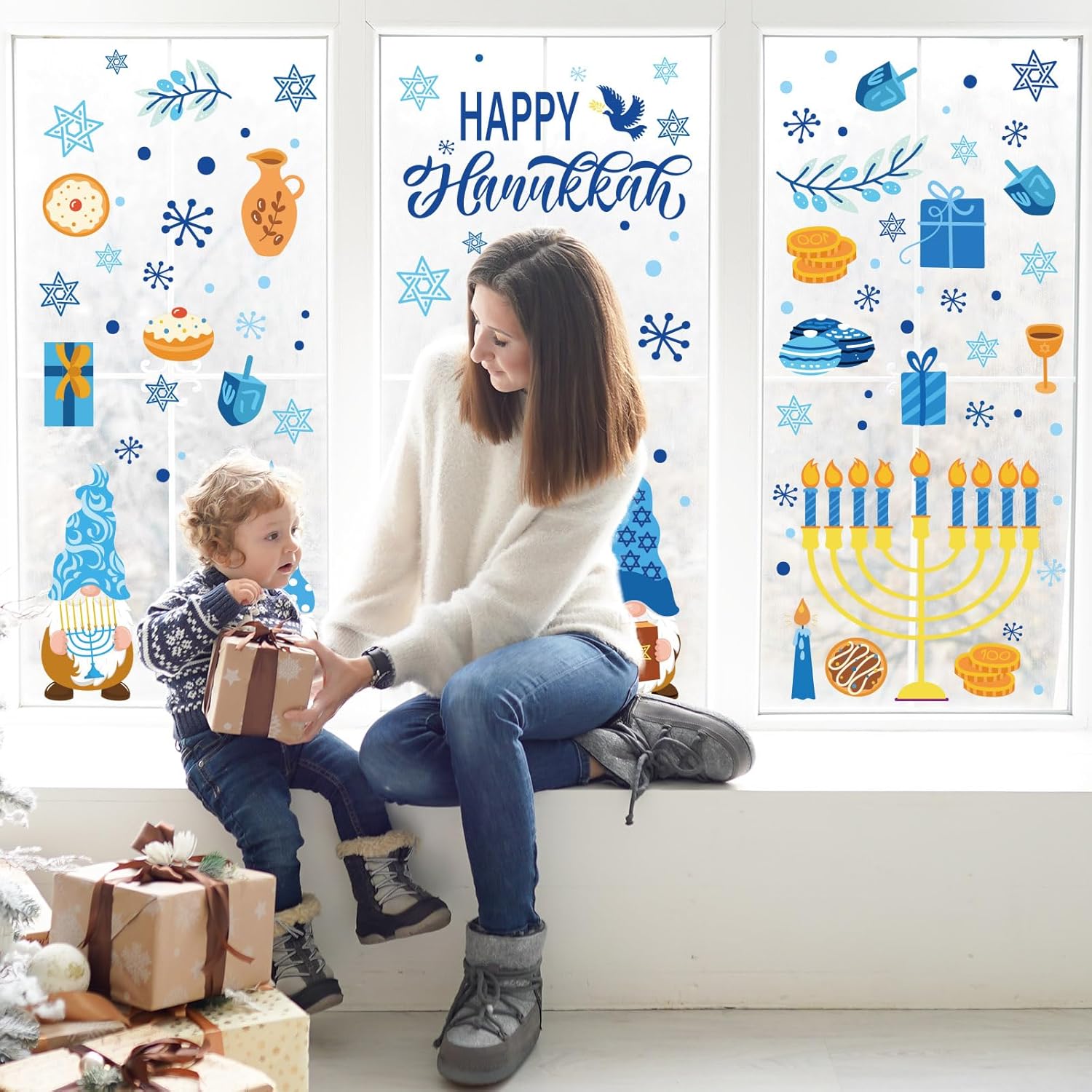 Whaline 151 calcomanías de ventana de Hanukkah de doble cara con diseño de gnomo de estrella de menorá azul-dorado, calcomanías de ventana con