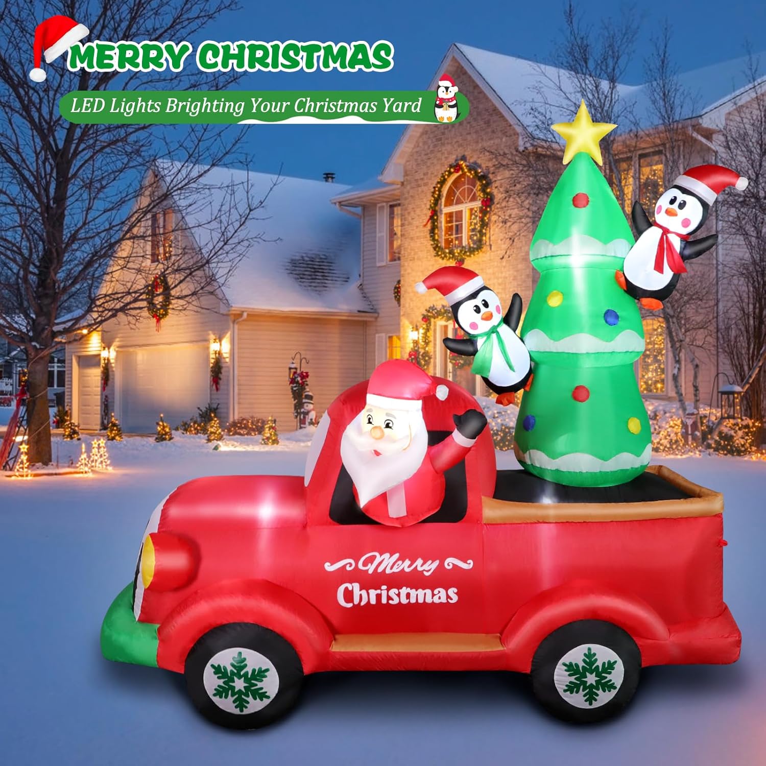 Camión rojo inflable de Papá Noel de 7 pies con árbol de Navidad y pingüinos, decoraciones al aire libre con luces integradas para Navidad,