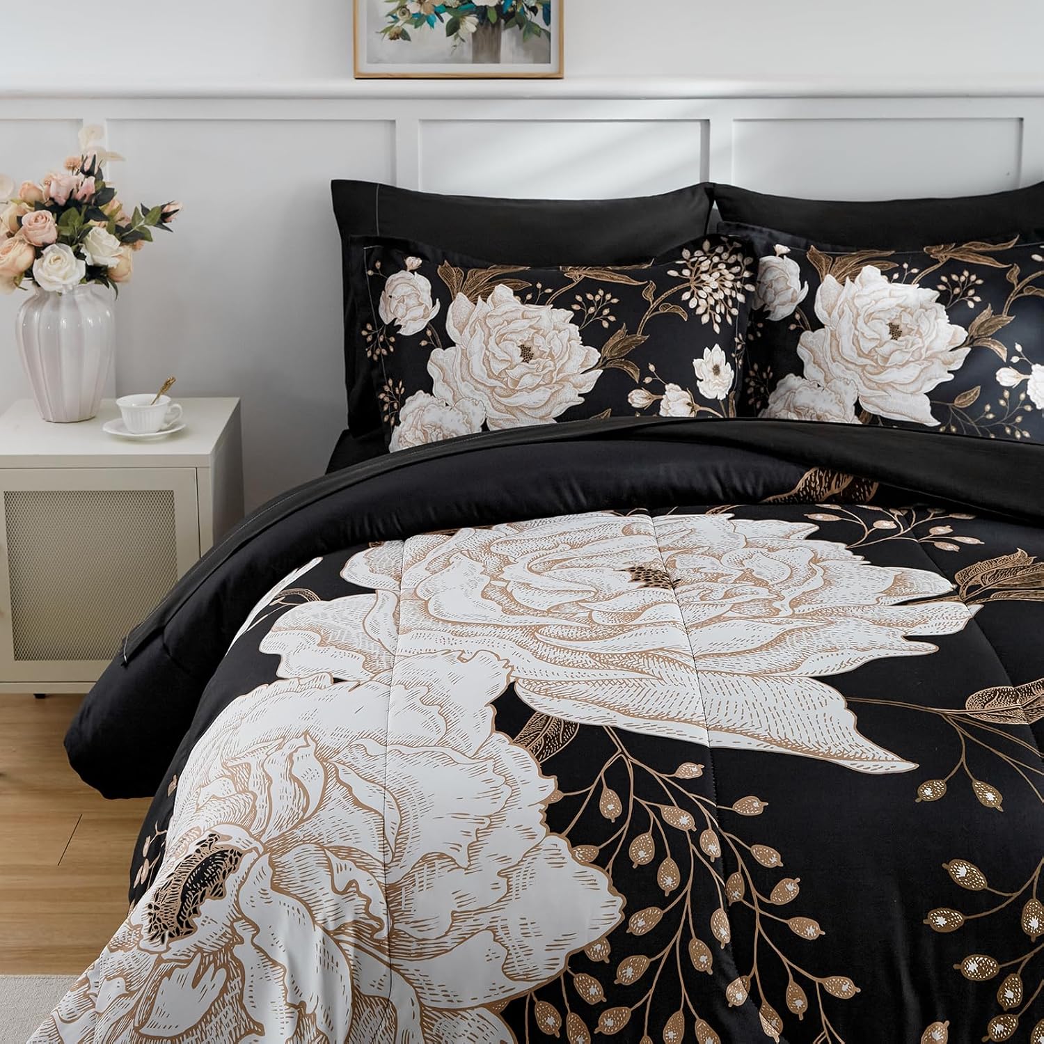 Juego de sábanas de edredón de flores negras, ropa de cama floral en una bolsa, 7 piezas tamaño Queen, juego de ropa de cama de verano de microfibra