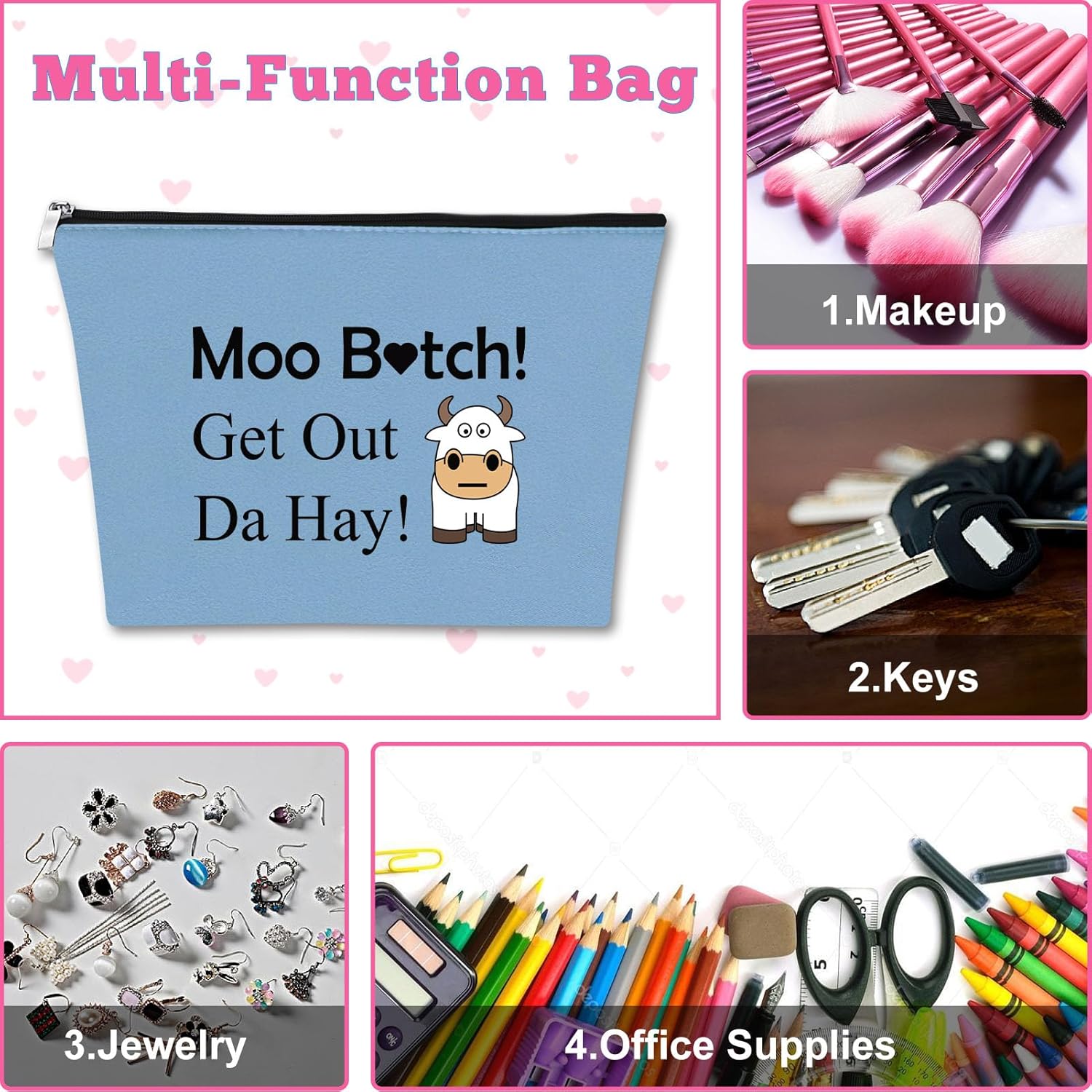 Bolsa de maquillaje de vaca, regalo para amantes de las vacas, regalos para niñas, mujeres, bolsa de cosméticos de vaca, Azul