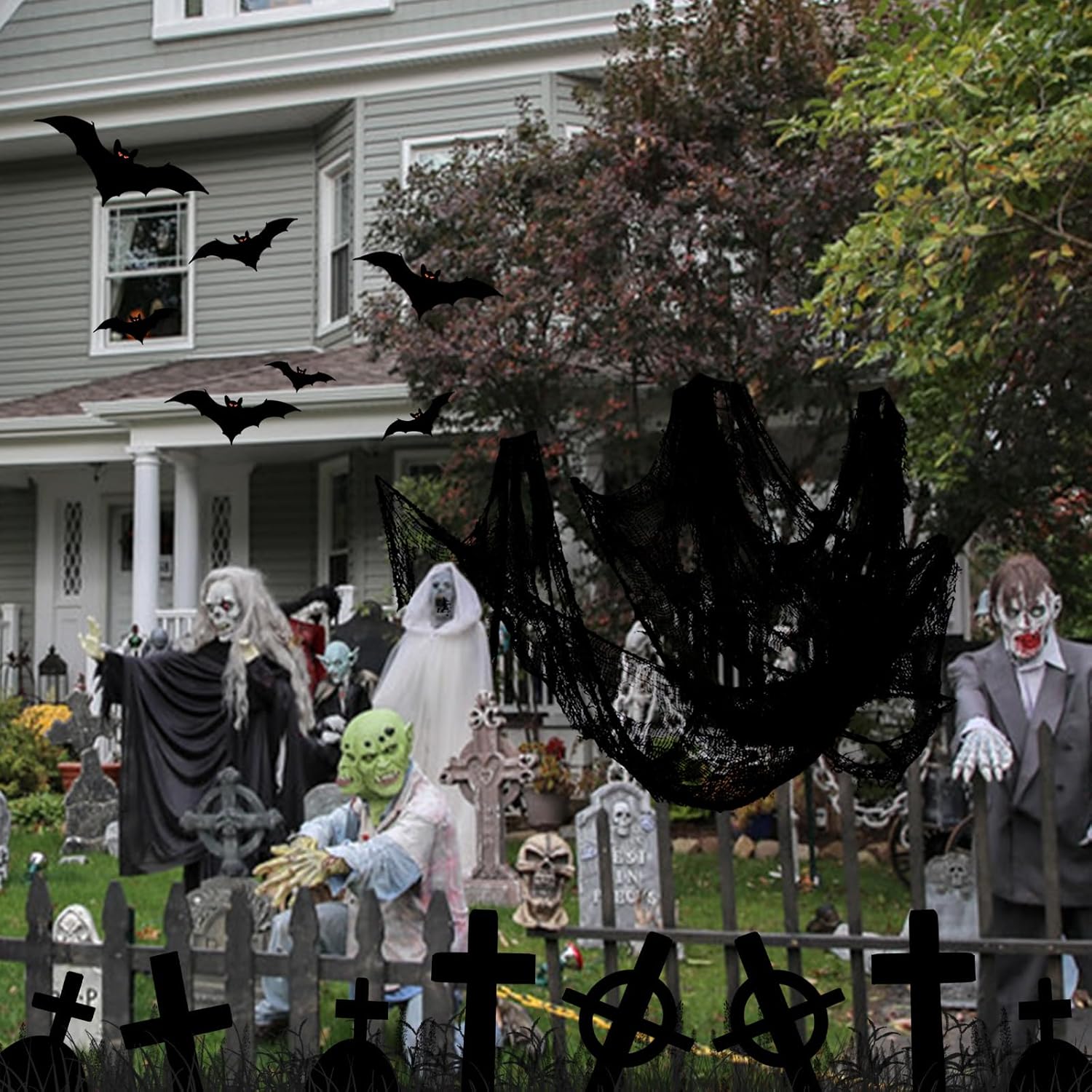 Tela espeluznante de Halloween de 197 x 85 pulgadas, paño de tela espeluznante negro para decoración de interiores y exteriores, gasa aterradora