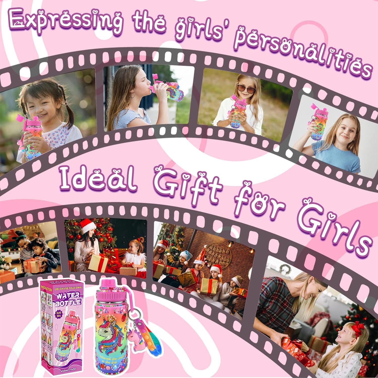 7july Decora tus propios kits de botellas de agua para niñas de 4 a 6 a 8 a 10 años (acero inoxidable), manualidades de pintura de diamantes con