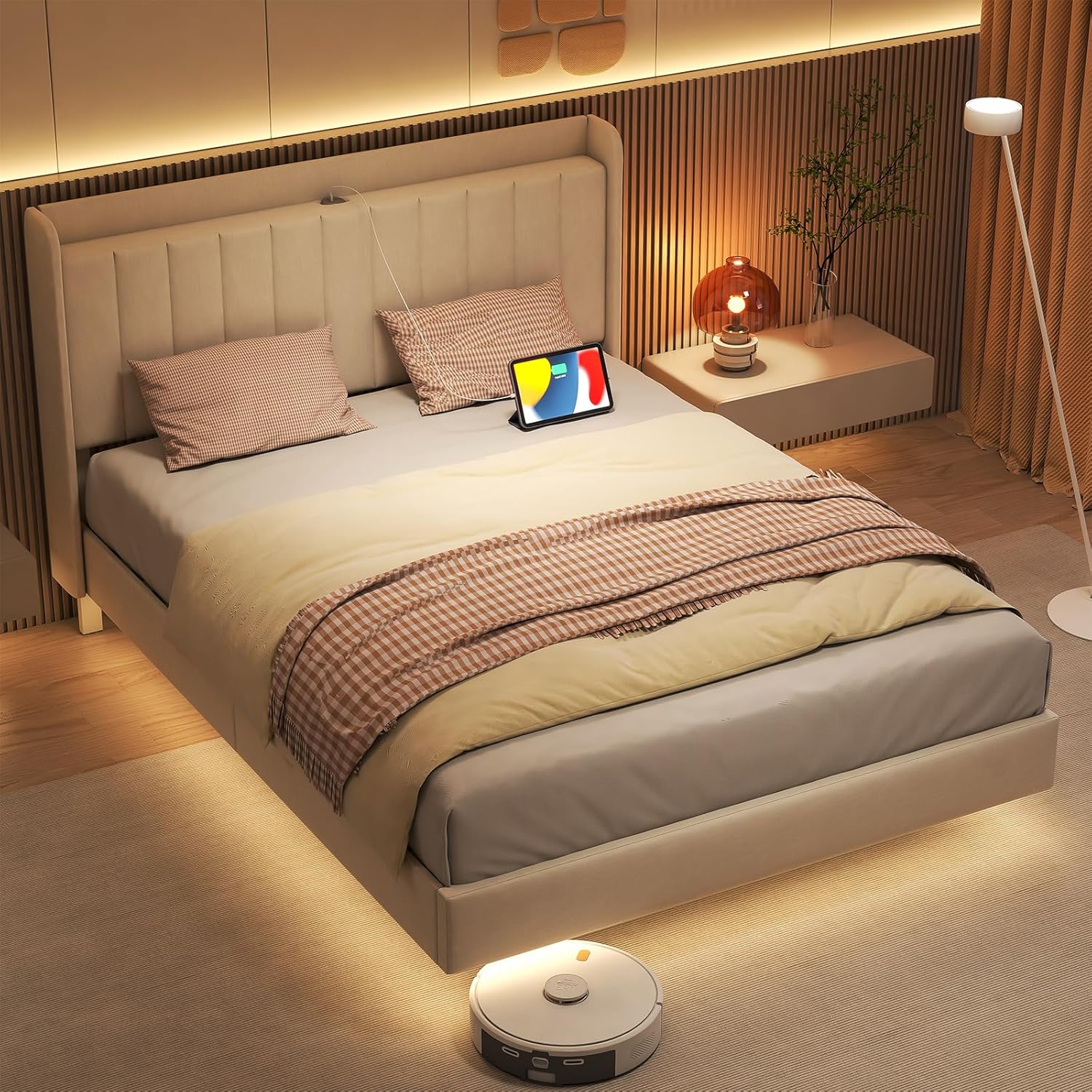 Saudism Marco de cama tapizado tamaño Queen, marco de cama flotante con cabecera de almacenamiento con respaldo de ala, puertos tipo C y USB, luces
