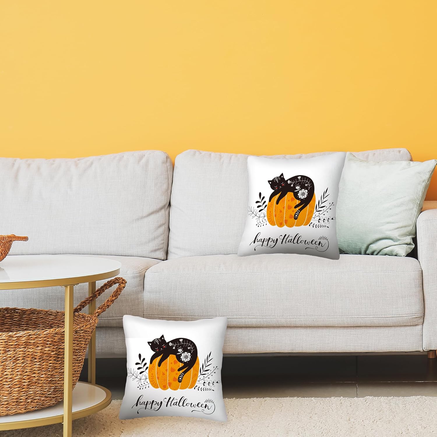 SKYDAWNY Juego de 2 fundas de almohada de 18 x 18 pulgadas con diseño de calabaza y gato negro, fundas decorativas cuadradas suaves para decoración