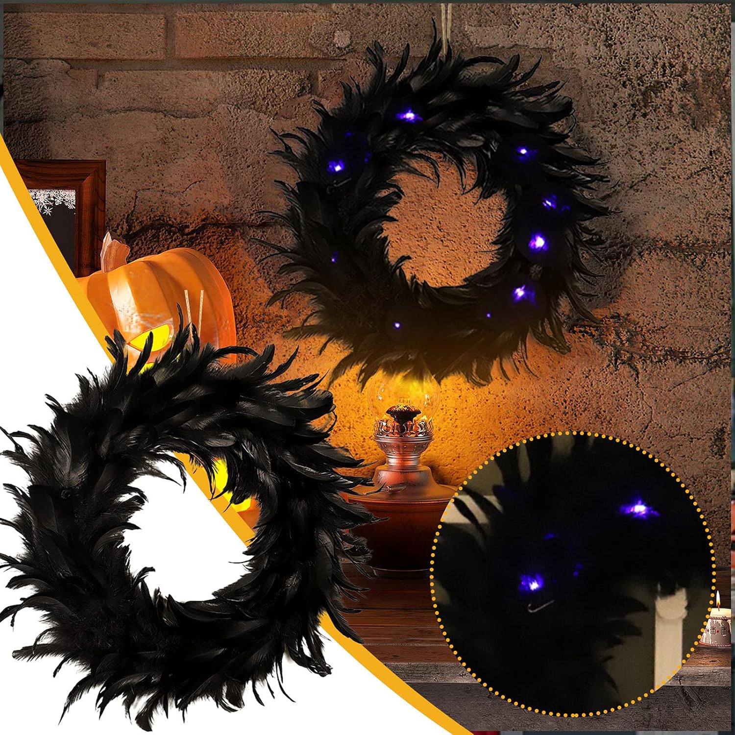 Corona de Halloween de plumas de cuervo negro con luces moradas, corona colgante de plumas naturales para truco o puerta delantera, fiesta de