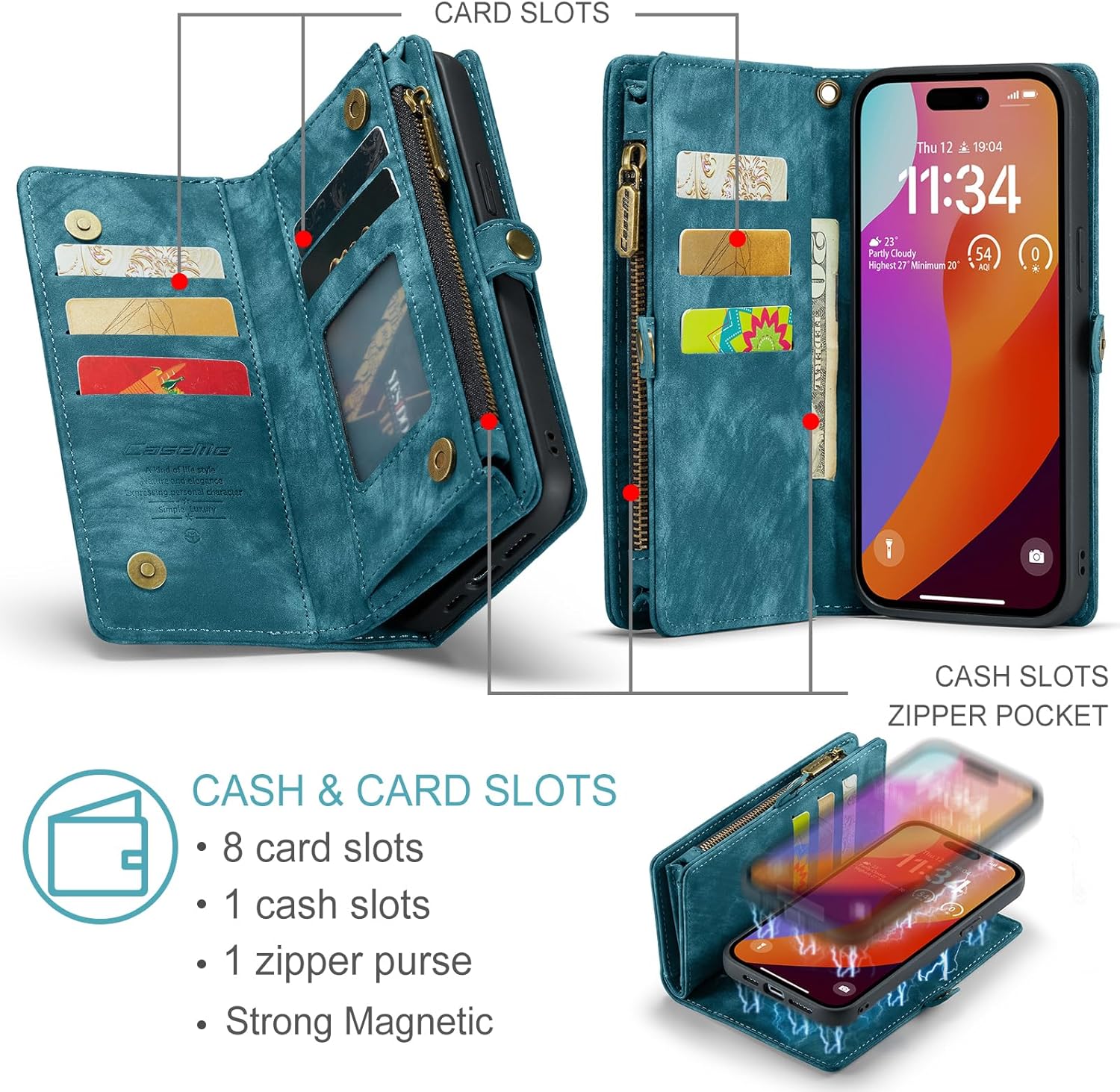Kowauri Funda tipo cartera para iPhone 15 Pro, cartera de piel con cremallera y soporte para tarjetas, correa para la muñeca, desmontable,