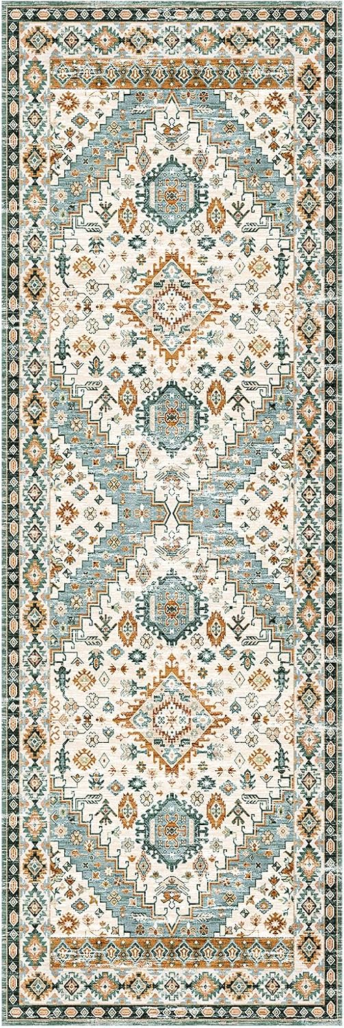 CHOSHOME Alfombra de área  Alfombra vintage de pelo bajo de 2 x 6 pies, lavable a máquina, con parte trasera antideslizante, no desprende pelusa,