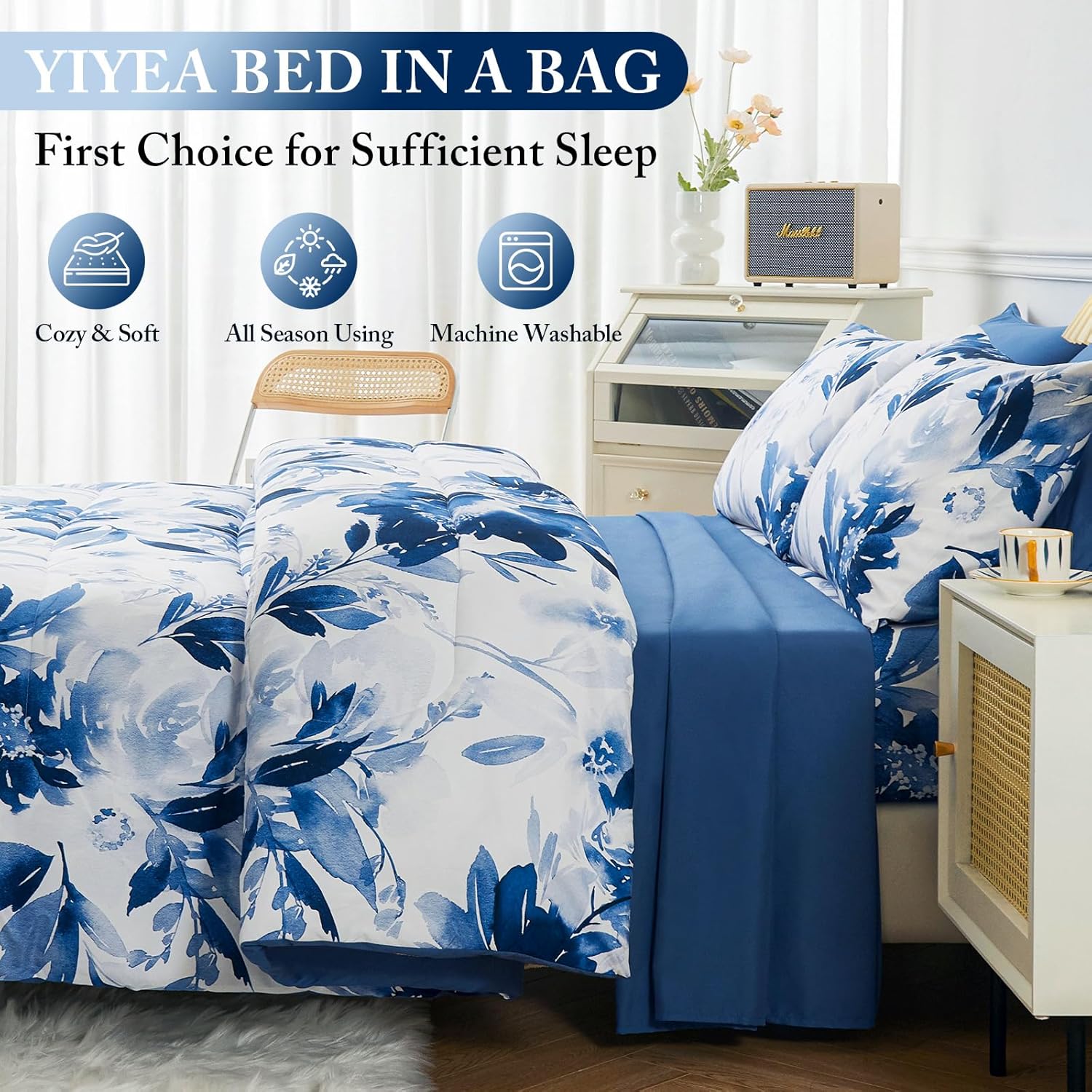 YIYEA Juego de edredón tamaño King  Estampado floral  7 piezas de cama en una bolsa  Juegos de ropa de cama para todas las estaciones con edredón,