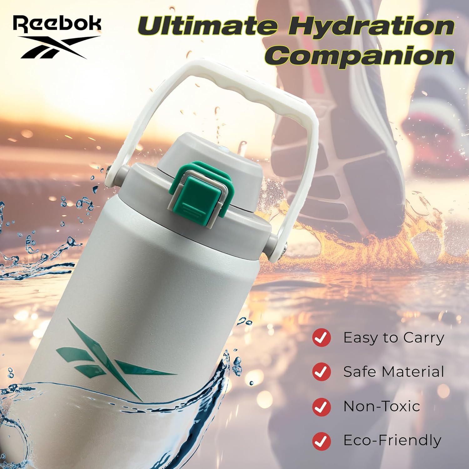 Reebok Botella de agua de acero inoxidable para acampar, botella de agua aislada de 32 onzas, botella de agua de campamento aislada al vacío de